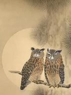 Japanese Hanging Scroll Kakejiku Vtg Two Owls Pine Tree Moonlight Color KJ206-AD - Scroll-chidorivintage.com