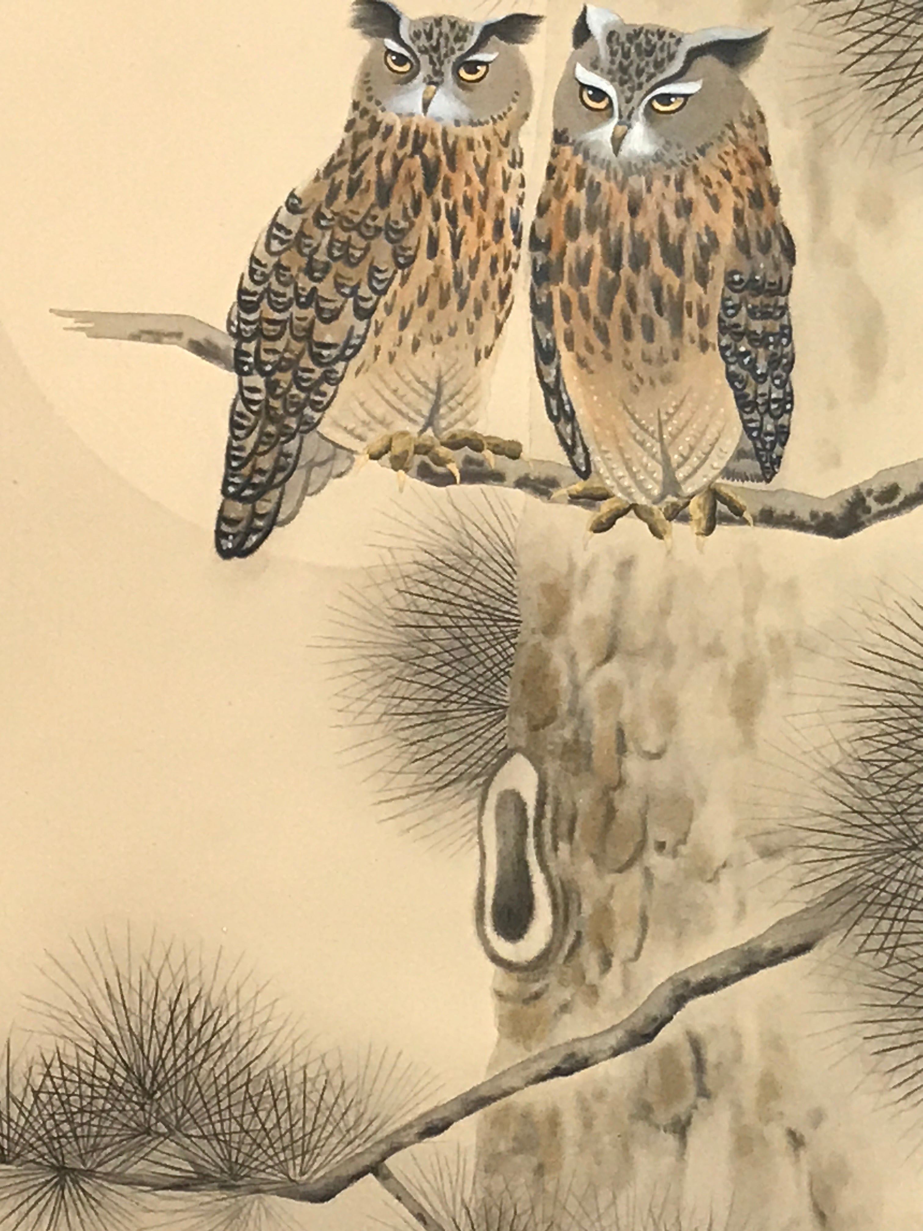 Japanese Hanging Scroll Kakejiku Vtg Two Owls Pine Tree Moonlight Color KJ206-AD - Scroll-chidorivintage.com