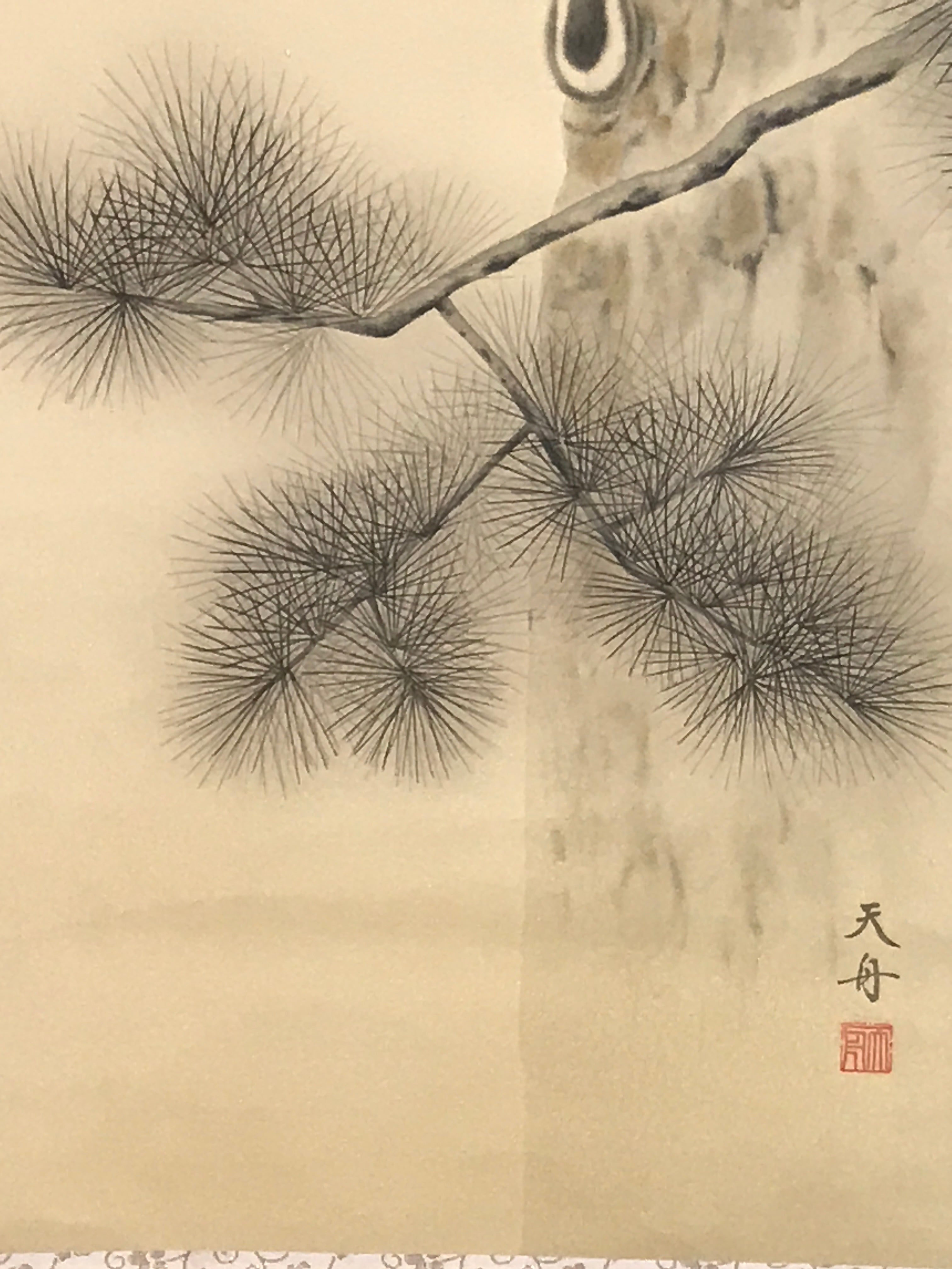 Japanese Hanging Scroll Kakejiku Vtg Two Owls Pine Tree Moonlight Color KJ206-AD - Scroll-chidorivintage.com