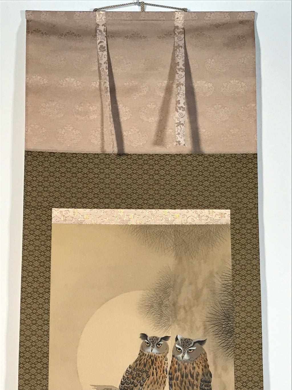 Japanese Hanging Scroll Kakejiku Vtg Two Owls Pine Tree Moonlight Color KJ206-AD - Scroll-chidorivintage.com