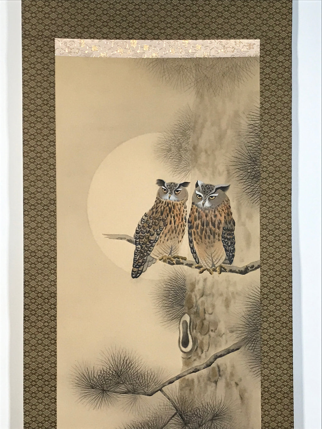 Japanese Hanging Scroll Kakejiku Vtg Two Owls Pine Tree Moonlight Color KJ206-AD - Scroll-chidorivintage.com