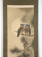 Japanese Hanging Scroll Kakejiku Vtg Two Owls Pine Tree Moonlight Color KJ206-AD - Scroll-chidorivintage.com
