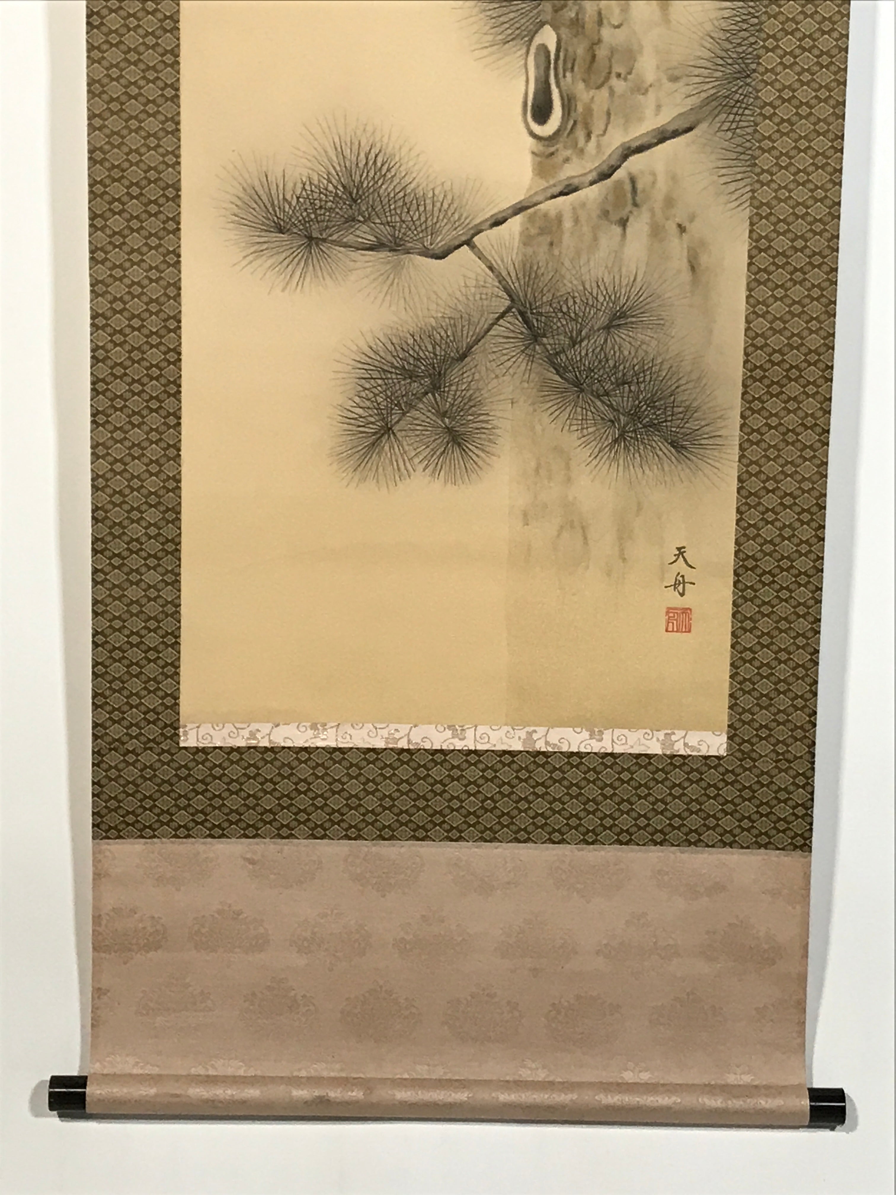 Japanese Hanging Scroll Kakejiku Vtg Two Owls Pine Tree Moonlight Color KJ206-AD - Scroll-chidorivintage.com