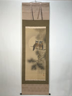 Japanese Hanging Scroll Kakejiku Vtg Two Owls Pine Tree Moonlight Color KJ206-AD - Scroll-chidorivintage.com