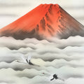 Japanese Hanging Scroll Kakejiku Vtg Red Mt Fuji Akafuji Two Cranes Clouds KJ207-AD - Scroll-chidorivintage.com