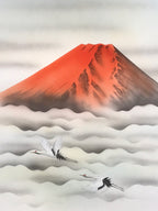 Japanese Hanging Scroll Kakejiku Vtg Red Mt Fuji Akafuji Two Cranes Clouds KJ207-AD - Scroll-chidorivintage.com