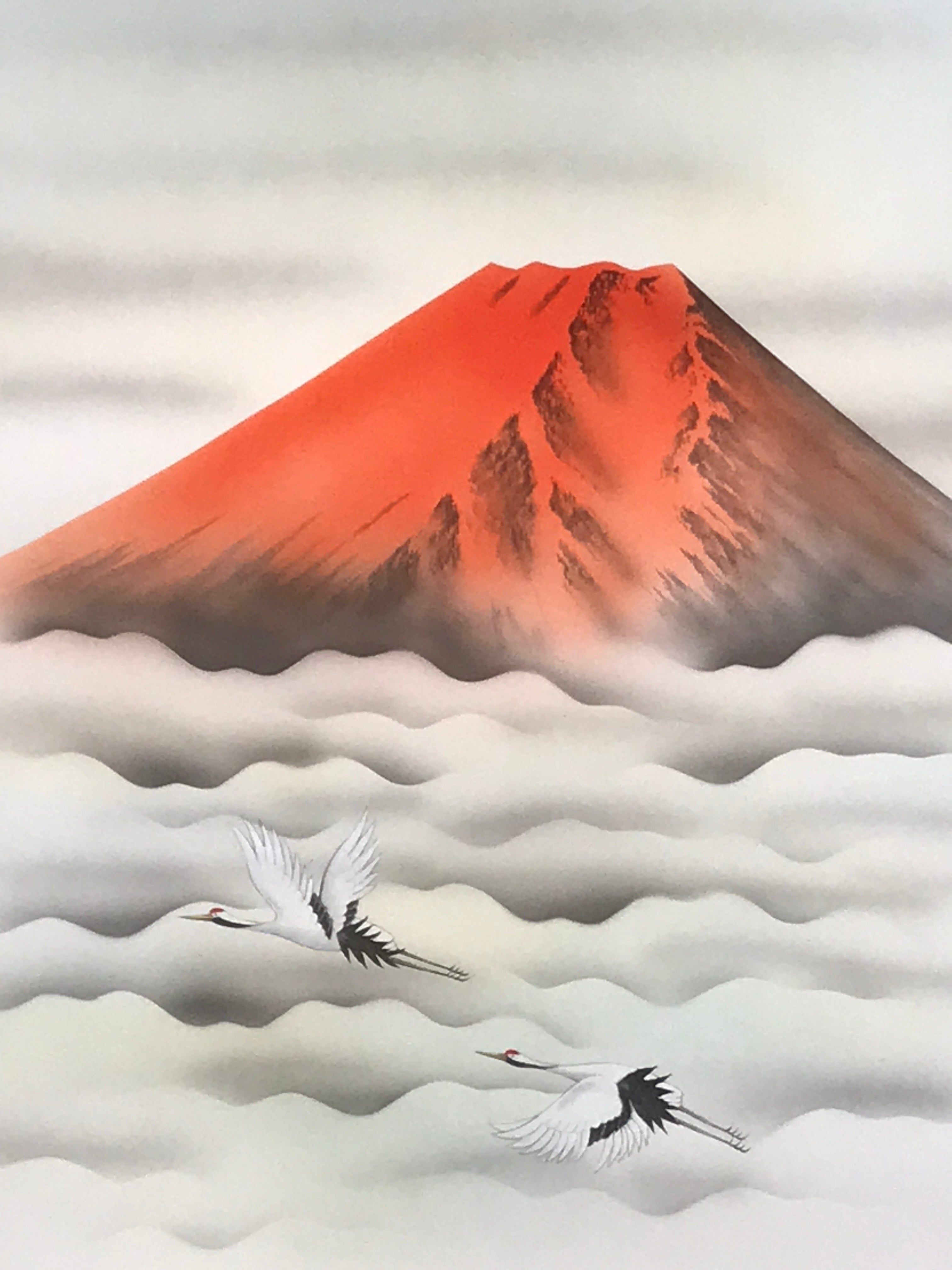 Japanese Hanging Scroll Kakejiku Vtg Red Mt Fuji Akafuji Two Cranes Clouds KJ207-AD - Scroll-chidorivintage.com