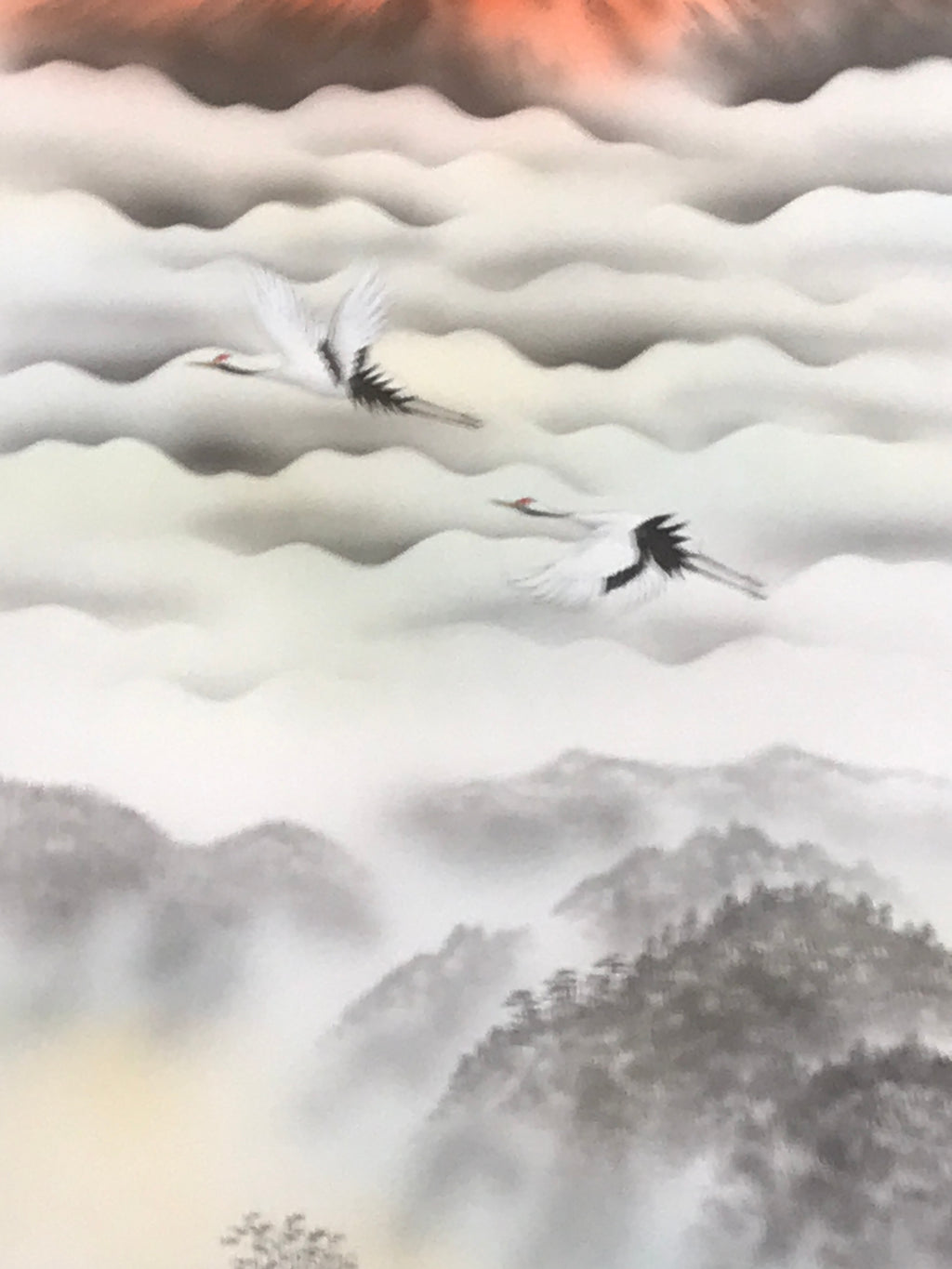 Japanese Hanging Scroll Kakejiku Vtg Red Mt Fuji Akafuji Two Cranes Clouds KJ207-AD - Scroll-chidorivintage.com