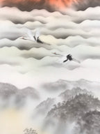 Japanese Hanging Scroll Kakejiku Vtg Red Mt Fuji Akafuji Two Cranes Clouds KJ207-AD - Scroll-chidorivintage.com