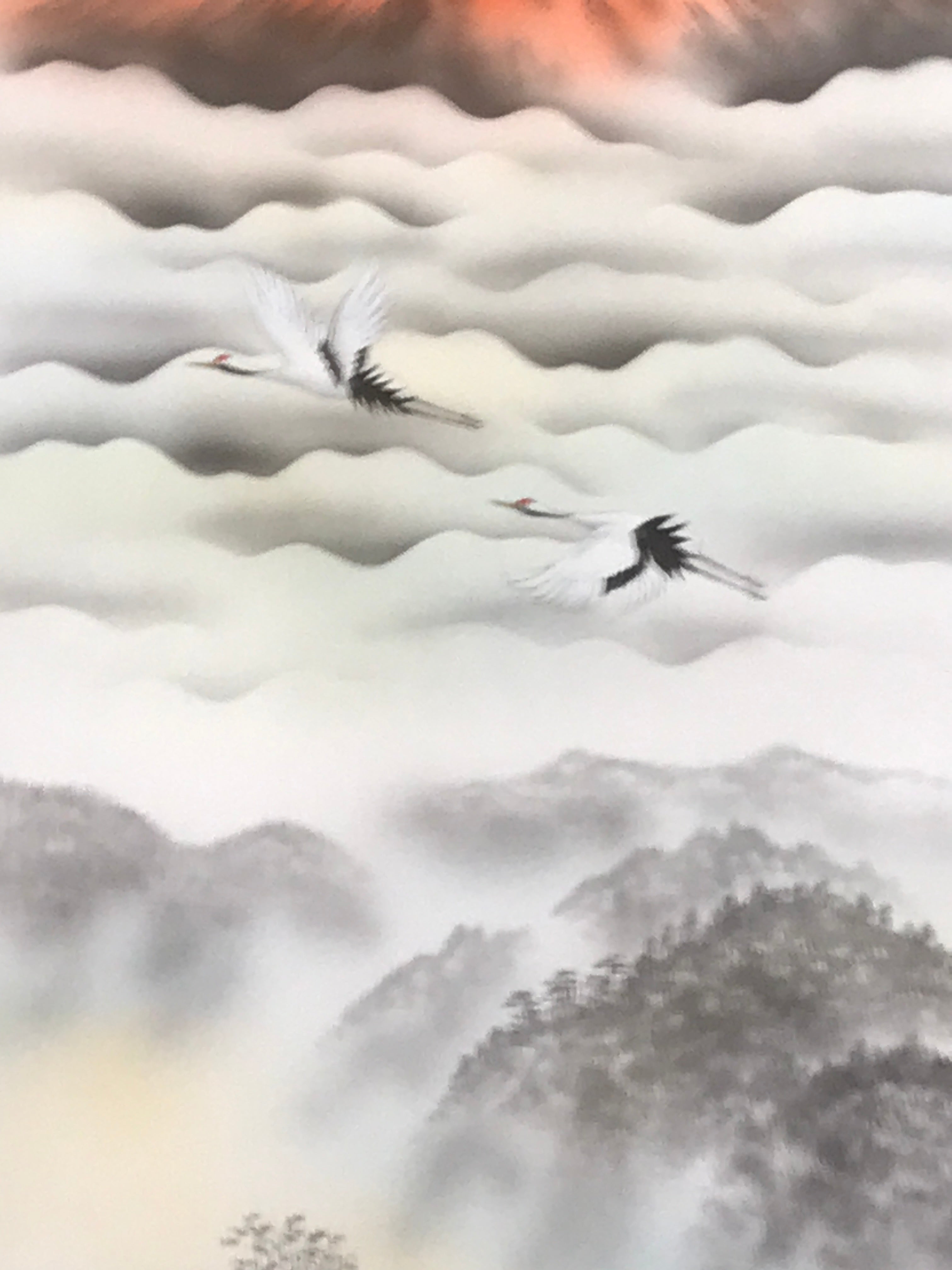 Japanese Hanging Scroll Kakejiku Vtg Red Mt Fuji Akafuji Two Cranes Clouds KJ207-AD - Scroll-chidorivintage.com
