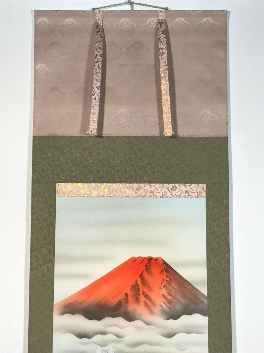Japanese Hanging Scroll Kakejiku Vtg Red Mt Fuji Akafuji Two Cranes Clouds KJ207-AD - Scroll-chidorivintage.com