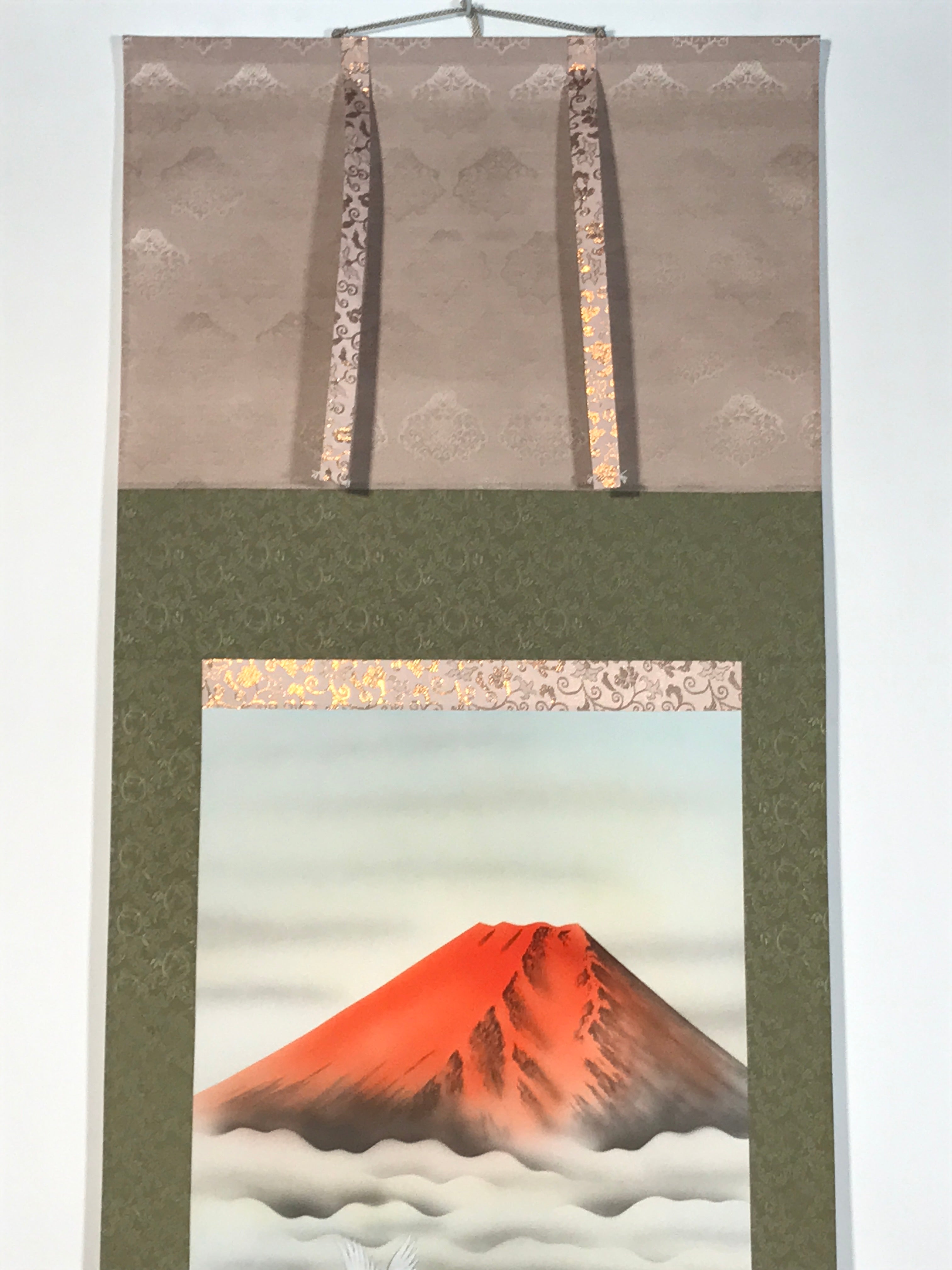 Japanese Hanging Scroll Kakejiku Vtg Red Mt Fuji Akafuji Two Cranes Clouds KJ207-AD - Scroll-chidorivintage.com