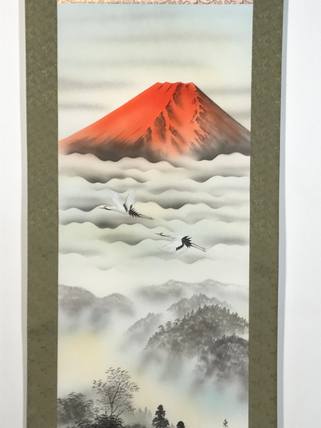 Japanese Hanging Scroll Kakejiku Vtg Red Mt Fuji Akafuji Two Cranes Clouds KJ207-AD - Scroll-chidorivintage.com