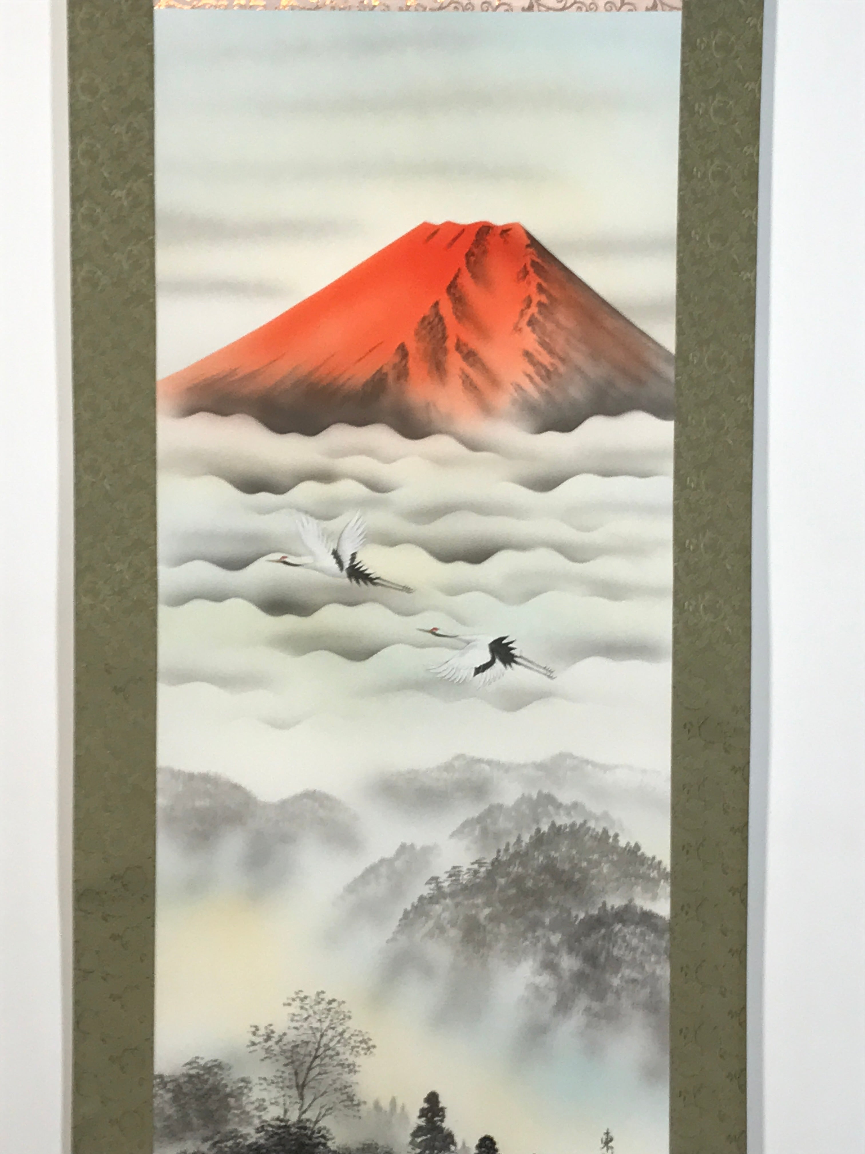 Japanese Hanging Scroll Kakejiku Vtg Red Mt Fuji Akafuji Two Cranes Clouds KJ207-AD - Scroll-chidorivintage.com