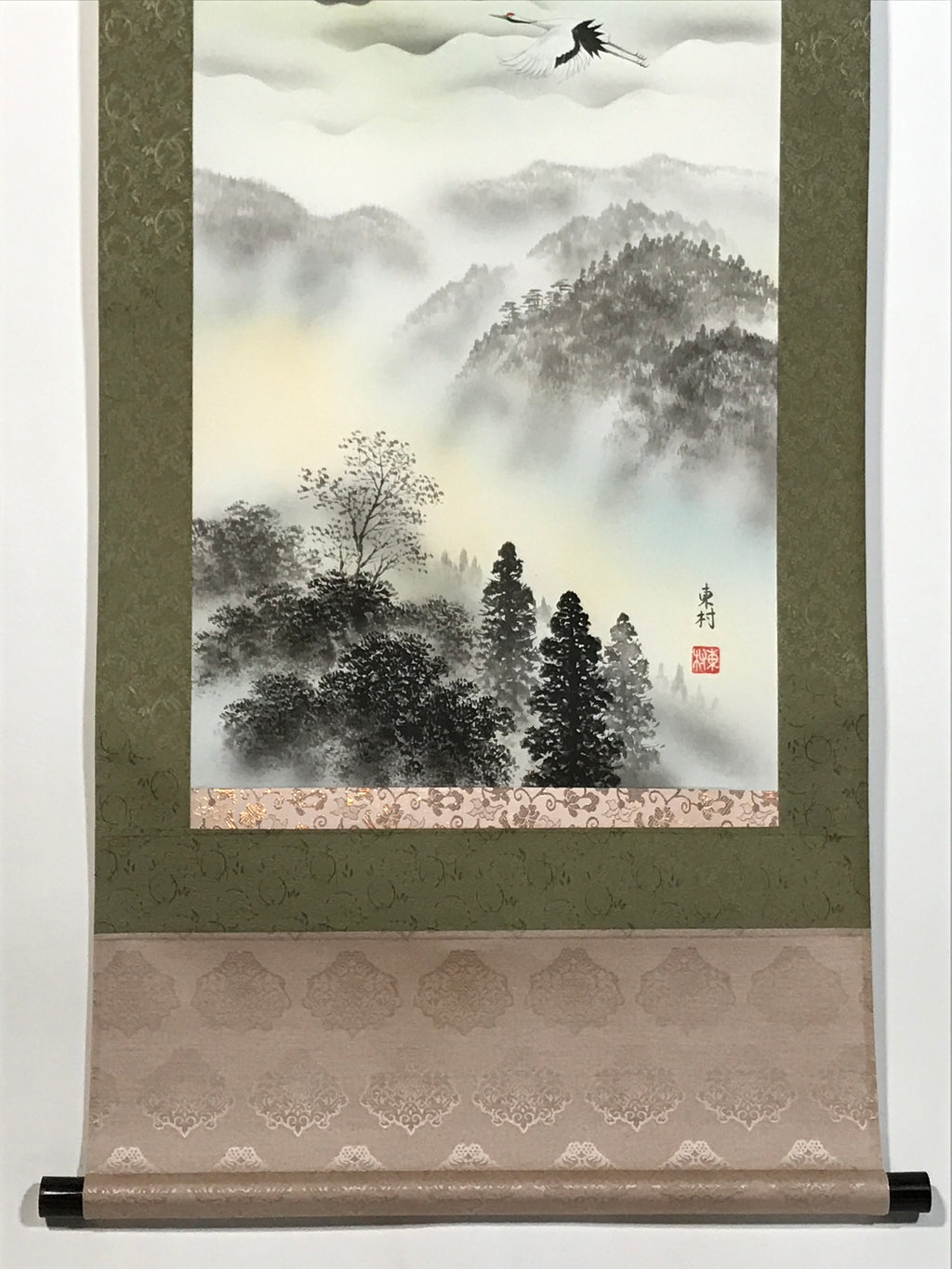 Japanese Hanging Scroll Kakejiku Vtg Red Mt Fuji Akafuji Two Cranes Clouds KJ207-AD - Scroll-chidorivintage.com