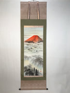 Japanese Hanging Scroll Kakejiku Vtg Red Mt Fuji Akafuji Two Cranes Clouds KJ207-AD - Scroll-chidorivintage.com