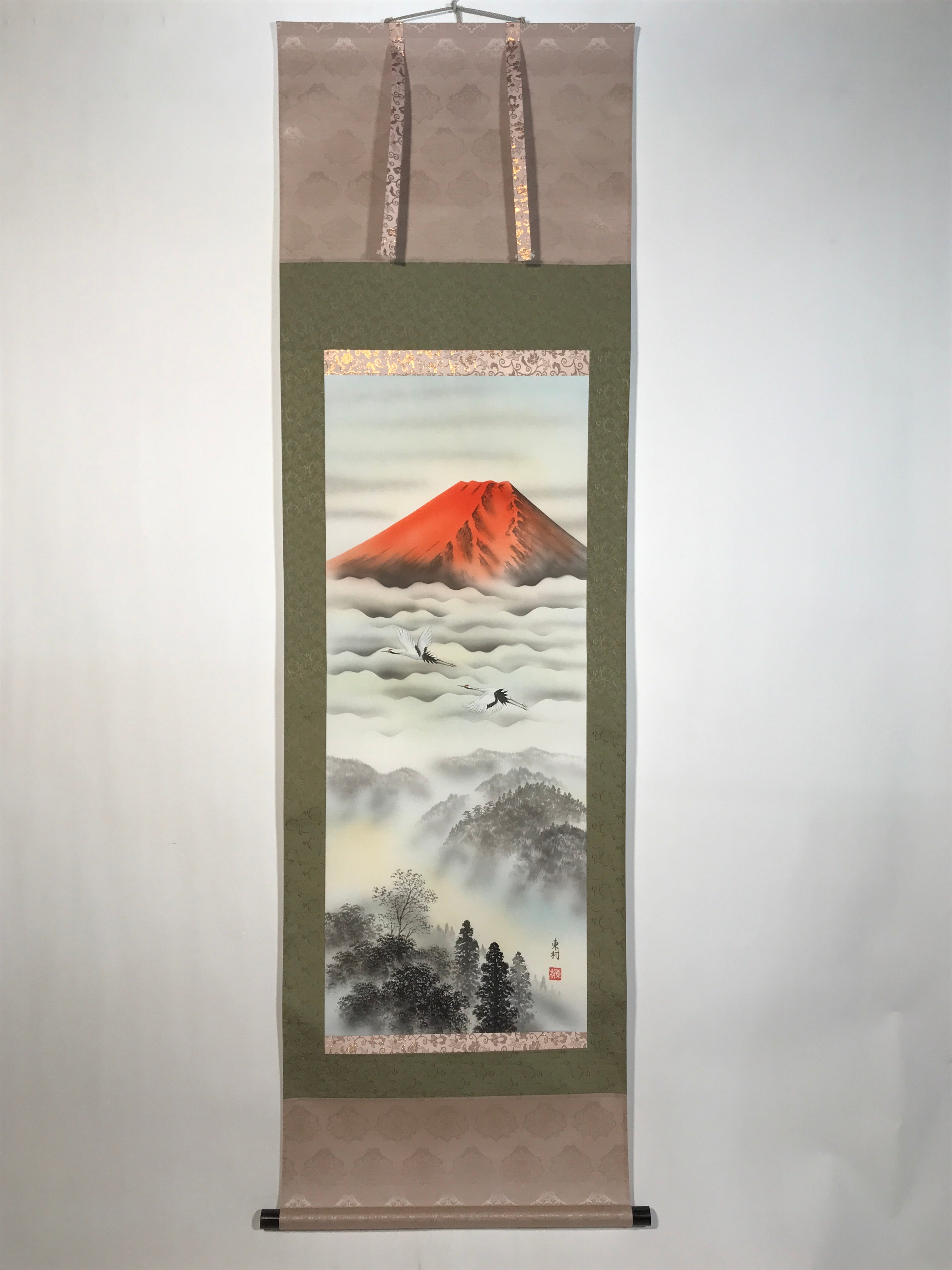 Japanese Hanging Scroll Kakejiku Vtg Red Mt Fuji Akafuji Two Cranes Clouds KJ207-AD - Scroll-chidorivintage.com