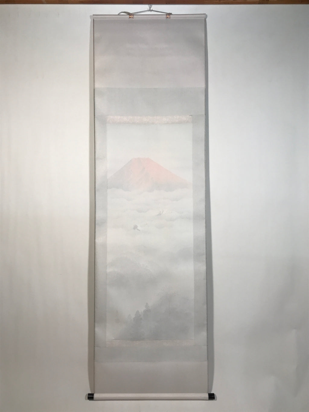 Japanese Hanging Scroll Kakejiku Vtg Red Mt Fuji Akafuji Two Cranes Clouds KJ207-AD - Scroll-chidorivintage.com
