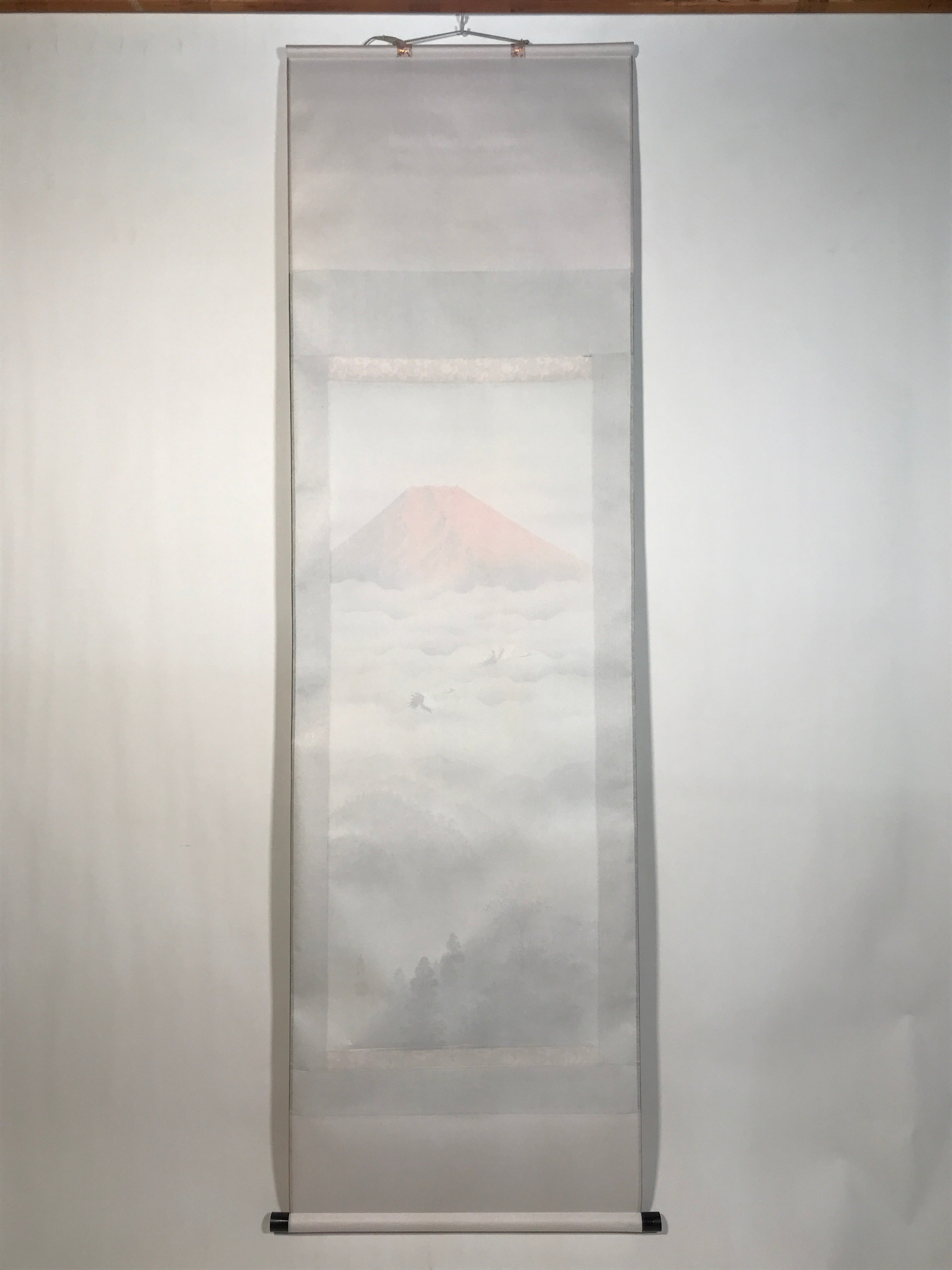 Japanese Hanging Scroll Kakejiku Vtg Red Mt Fuji Akafuji Two Cranes Clouds KJ207-AD - Scroll-chidorivintage.com