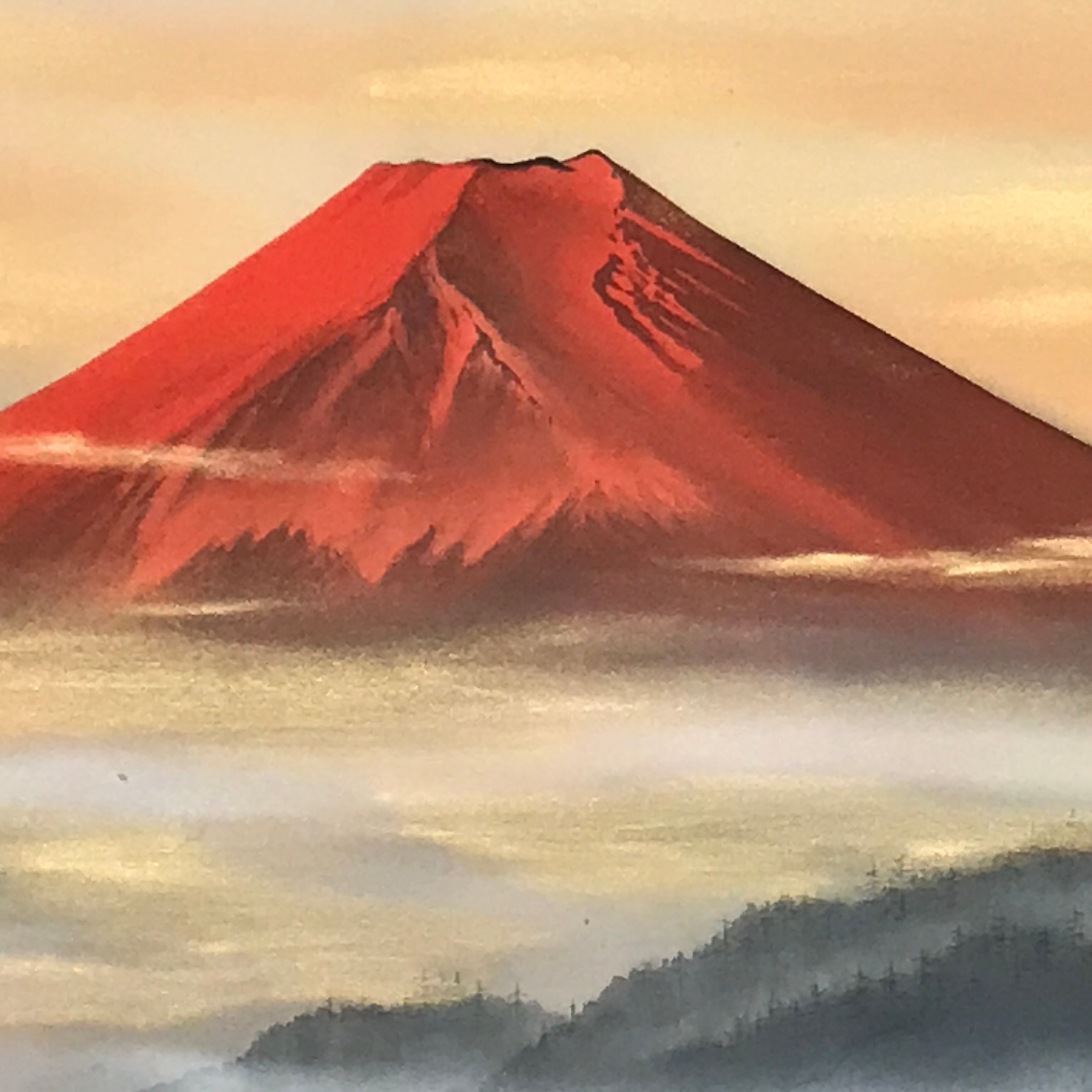 Japanese Hanging Scroll Kakejiku Vtg Red Mt Fuji Akafuji Clouds Color KJ208-AD - Scroll-chidorivintage.com