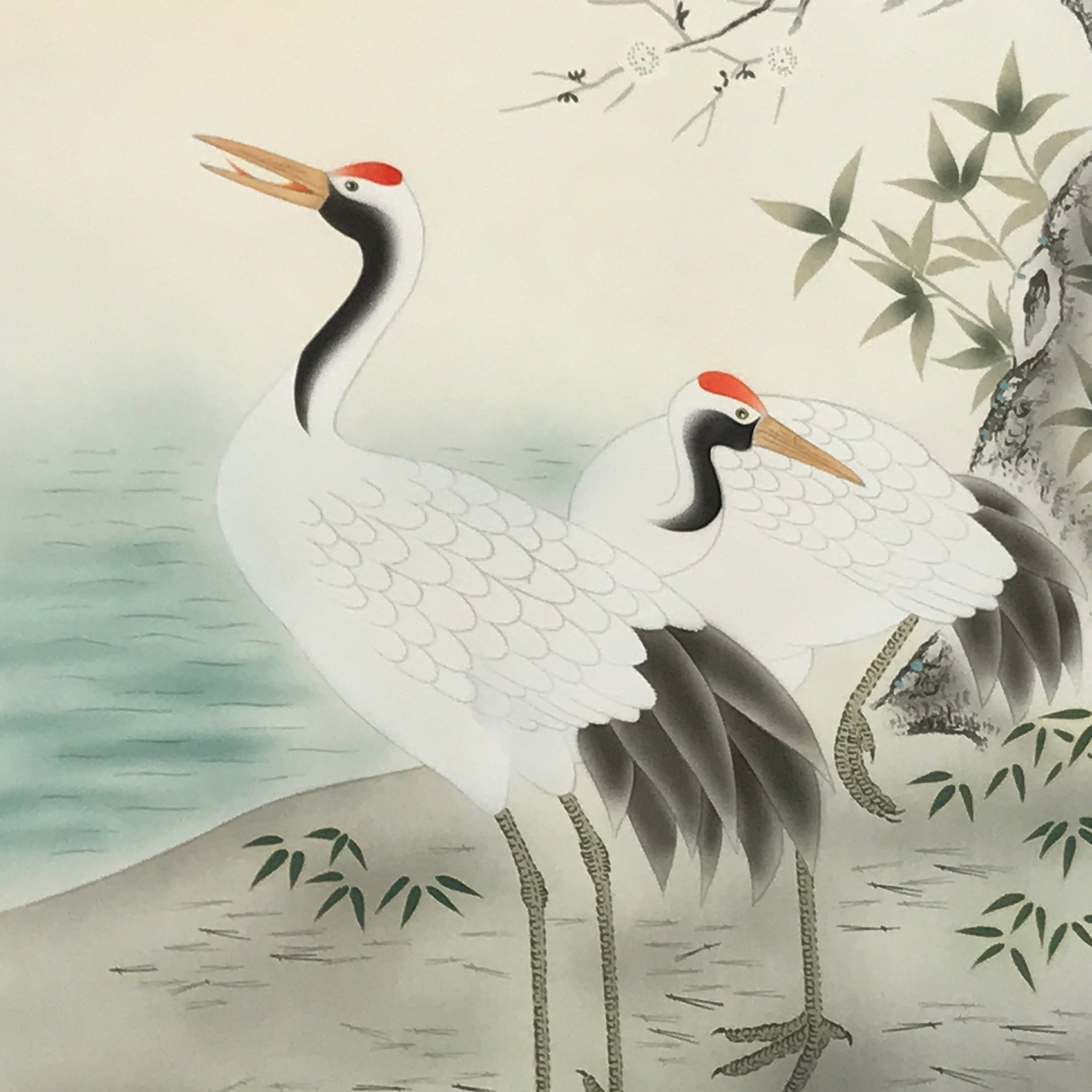 Japanese Hanging Scroll Kakejiku Vtg Two Cranes Two Turtles Pine Sun Color KJ209-AD - Scroll-chidorivintage.com