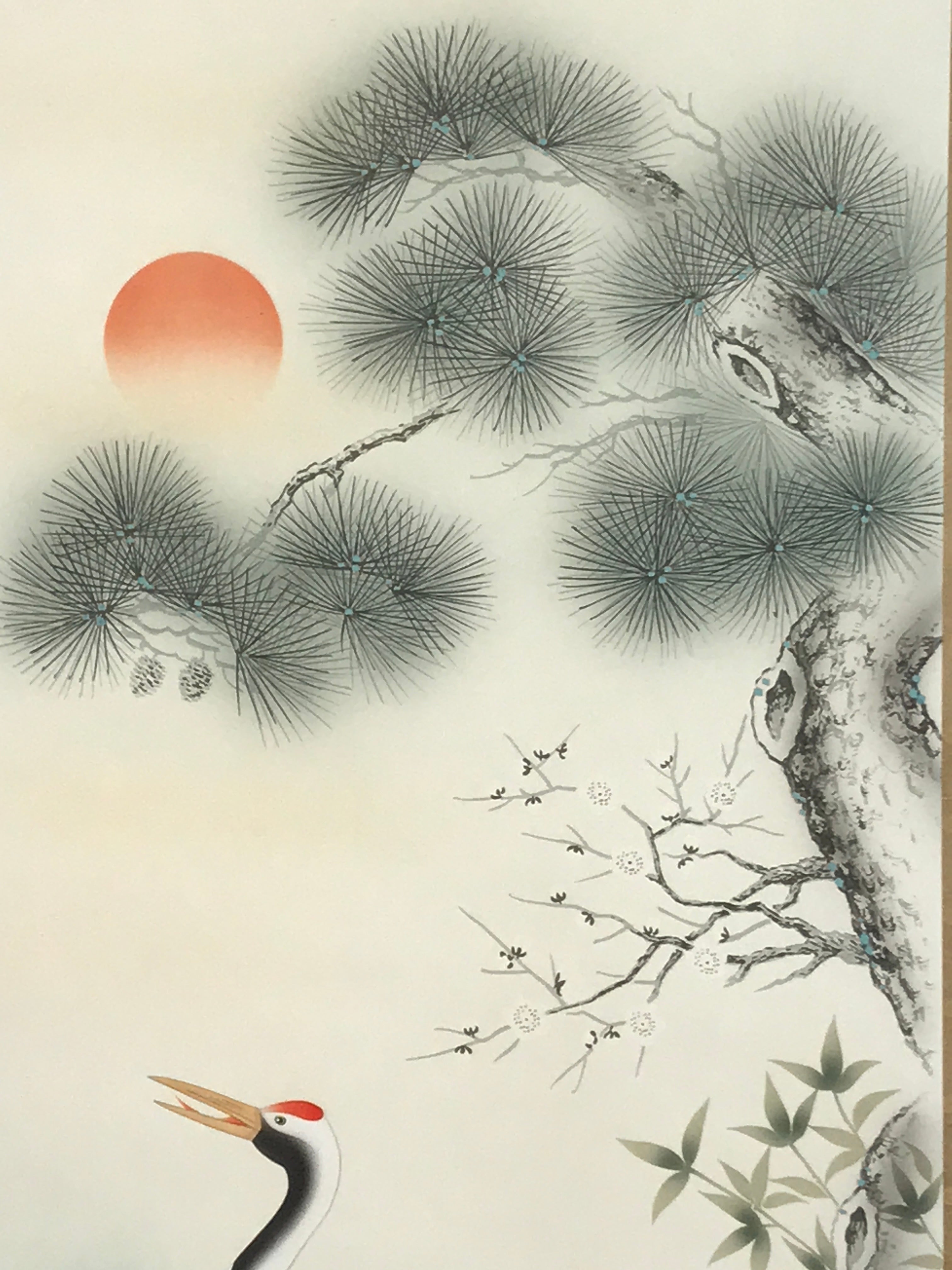 Japanese Hanging Scroll Kakejiku Vtg Two Cranes Two Turtles Pine Sun Color KJ209-AD - Scroll-chidorivintage.com