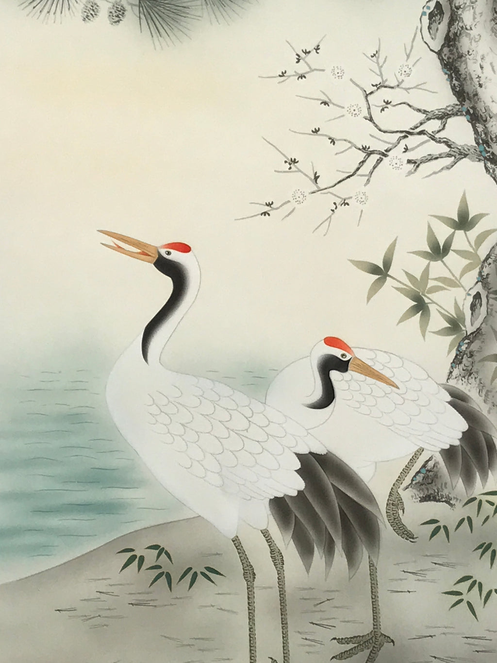 Japanese Hanging Scroll Kakejiku Vtg Two Cranes Two Turtles Pine Sun Color KJ209-AD - Scroll-chidorivintage.com