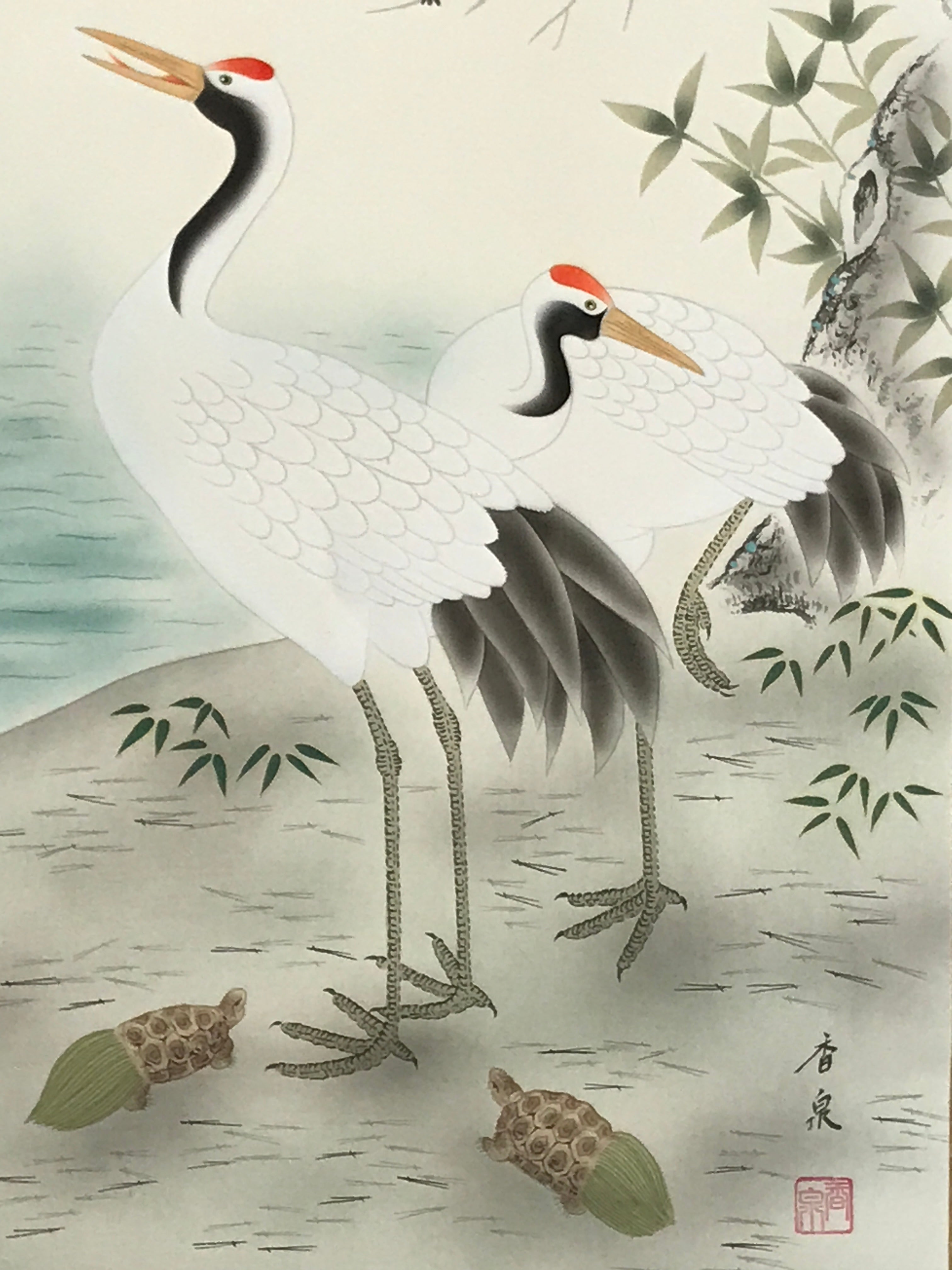 Japanese Hanging Scroll Kakejiku Vtg Two Cranes Two Turtles Pine Sun Color KJ209-AD - Scroll-chidorivintage.com