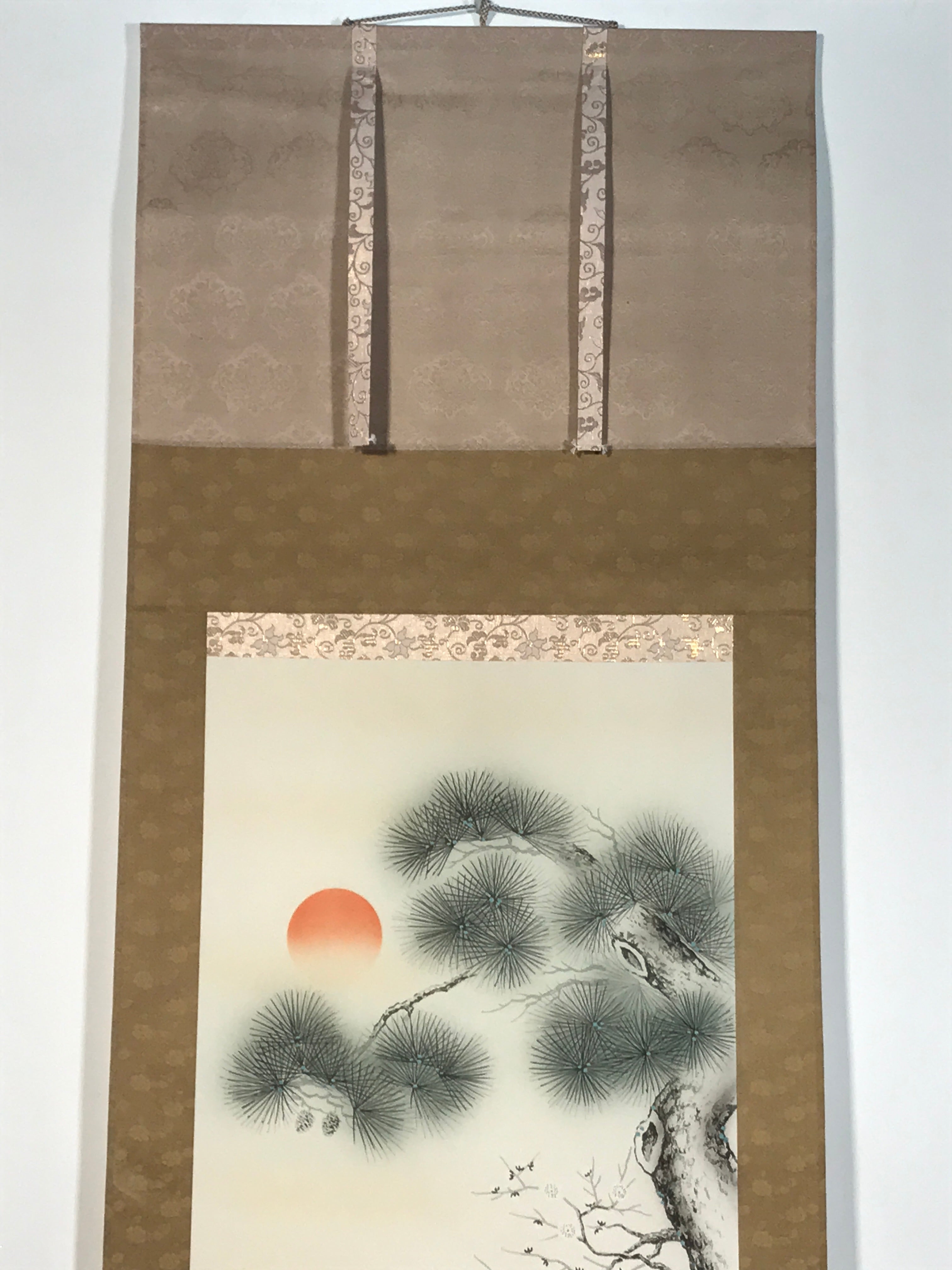 Japanese Hanging Scroll Kakejiku Vtg Two Cranes Two Turtles Pine Sun Color KJ209-AD - Scroll-chidorivintage.com