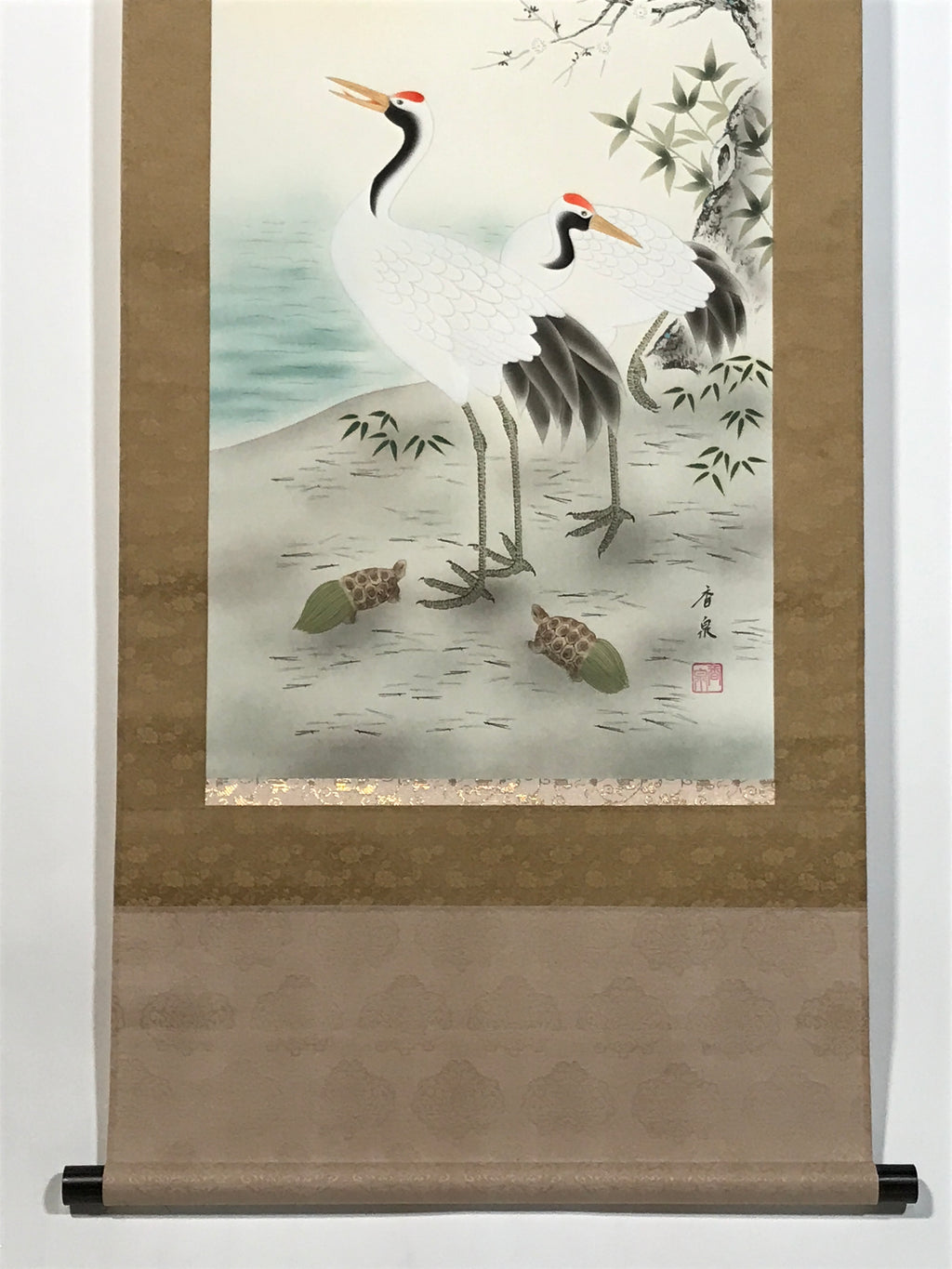 Japanese Hanging Scroll Kakejiku Vtg Two Cranes Two Turtles Pine Sun Color KJ209-AD - Scroll-chidorivintage.com