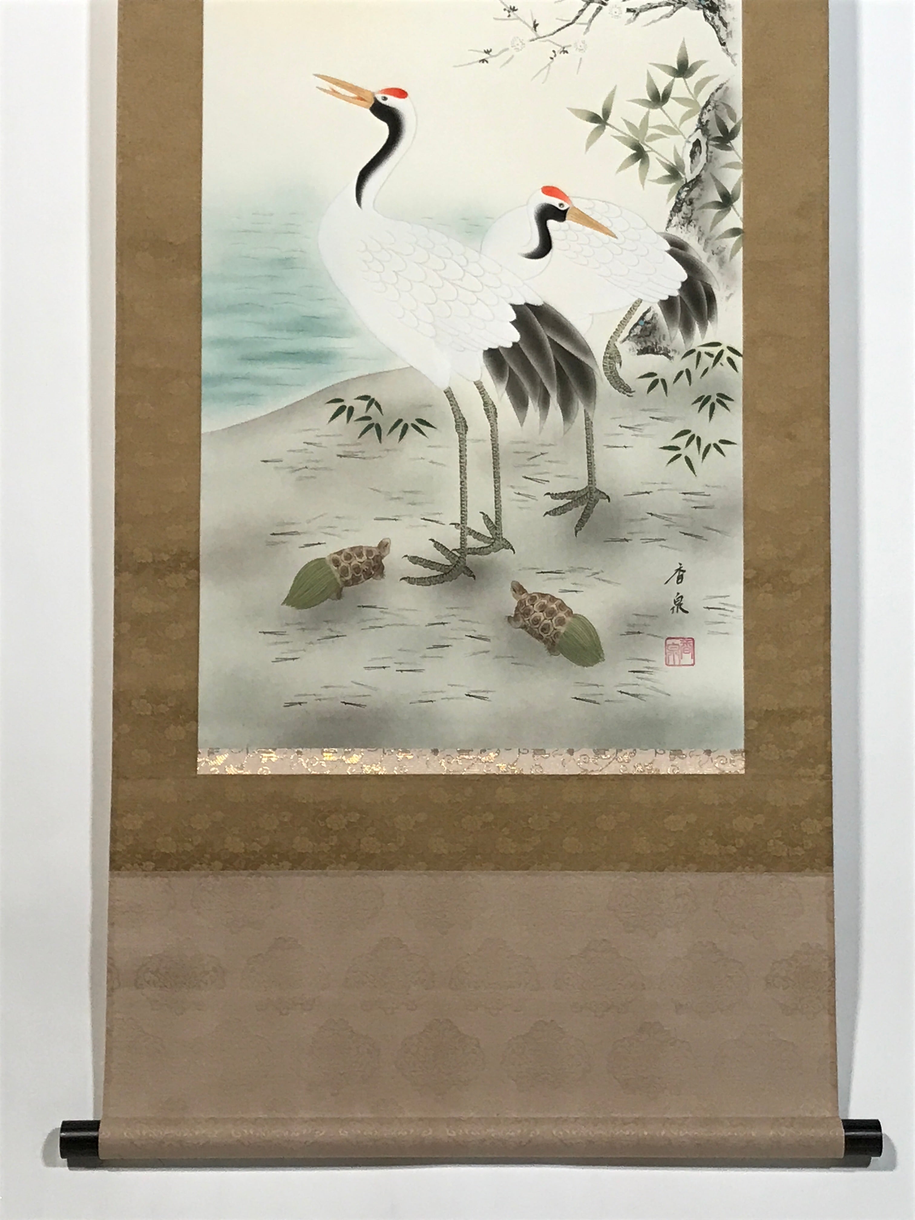 Japanese Hanging Scroll Kakejiku Vtg Two Cranes Two Turtles Pine Sun Color KJ209-AD - Scroll-chidorivintage.com