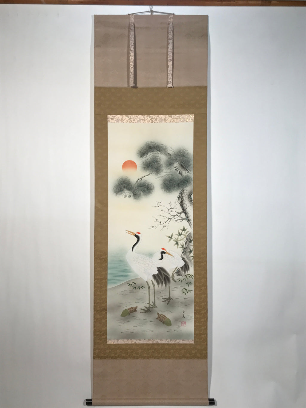 Japanese Hanging Scroll Kakejiku Vtg Two Cranes Two Turtles Pine Sun Color KJ209-AD - Scroll-chidorivintage.com