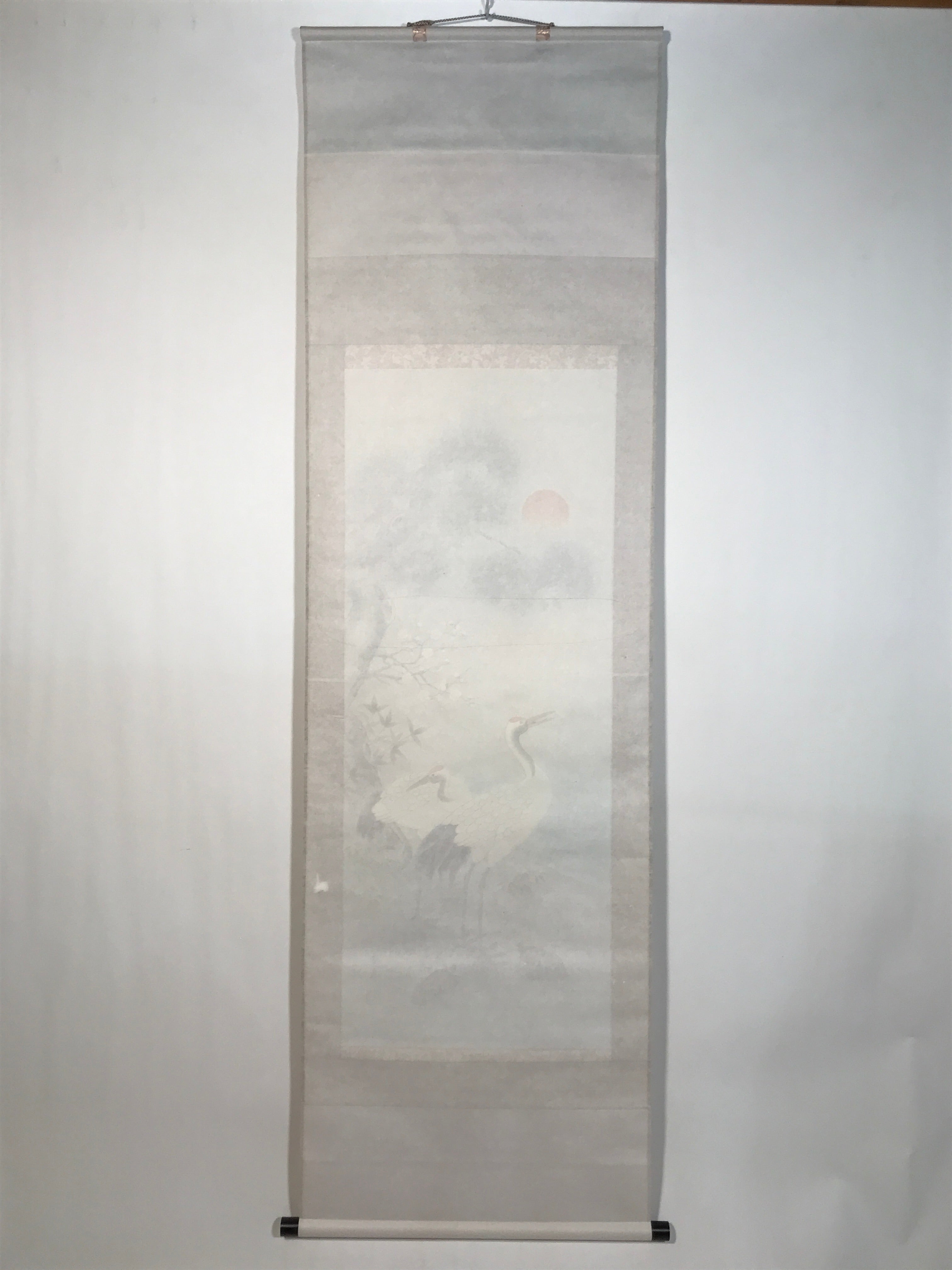 Japanese Hanging Scroll Kakejiku Vtg Two Cranes Two Turtles Pine Sun Color KJ209-AD - Scroll-chidorivintage.com