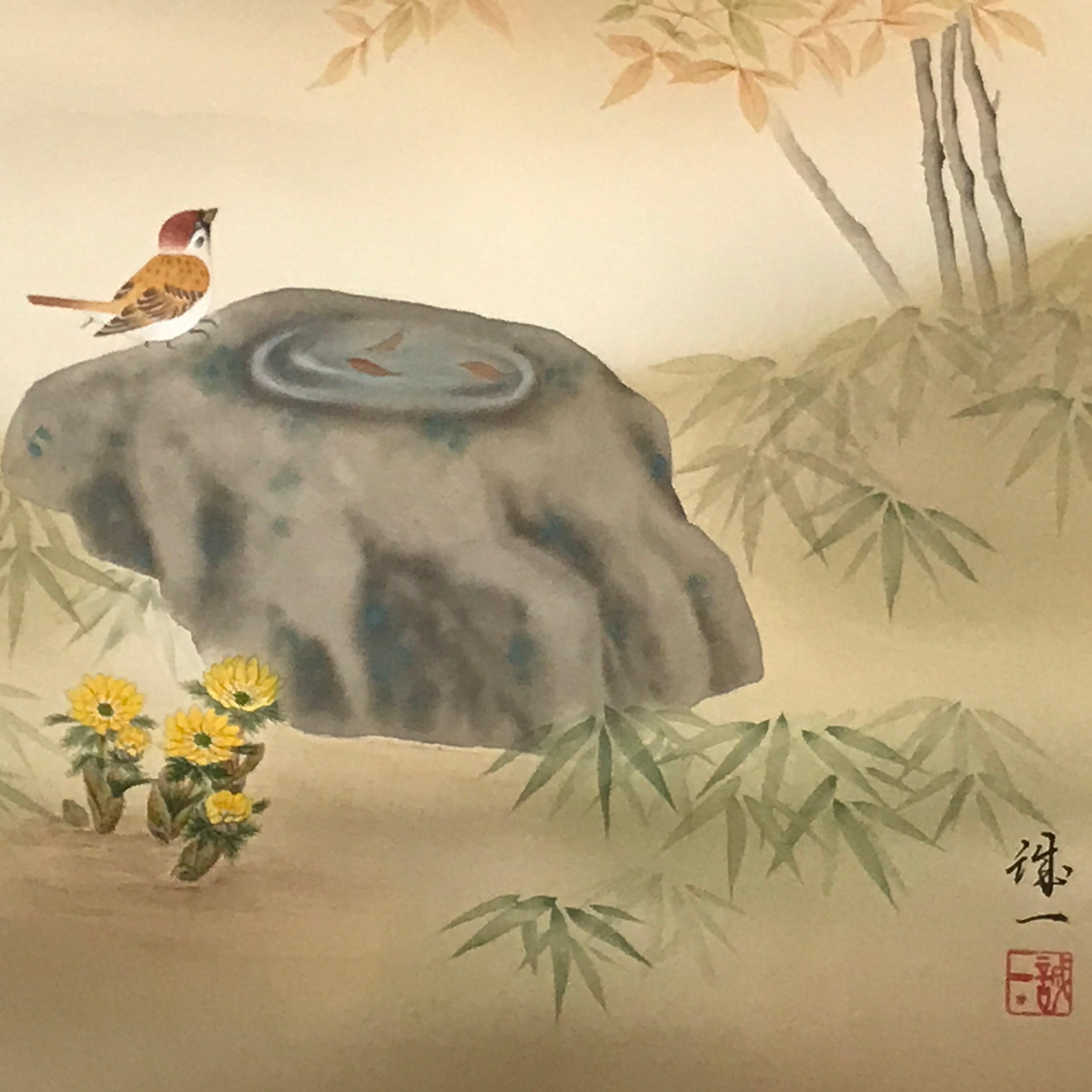 Japanese Hanging Scroll Kakejiku Vtg Nandina Plant Sparrow Birds Winter KJ210-AD - Scroll-chidorivintage.com