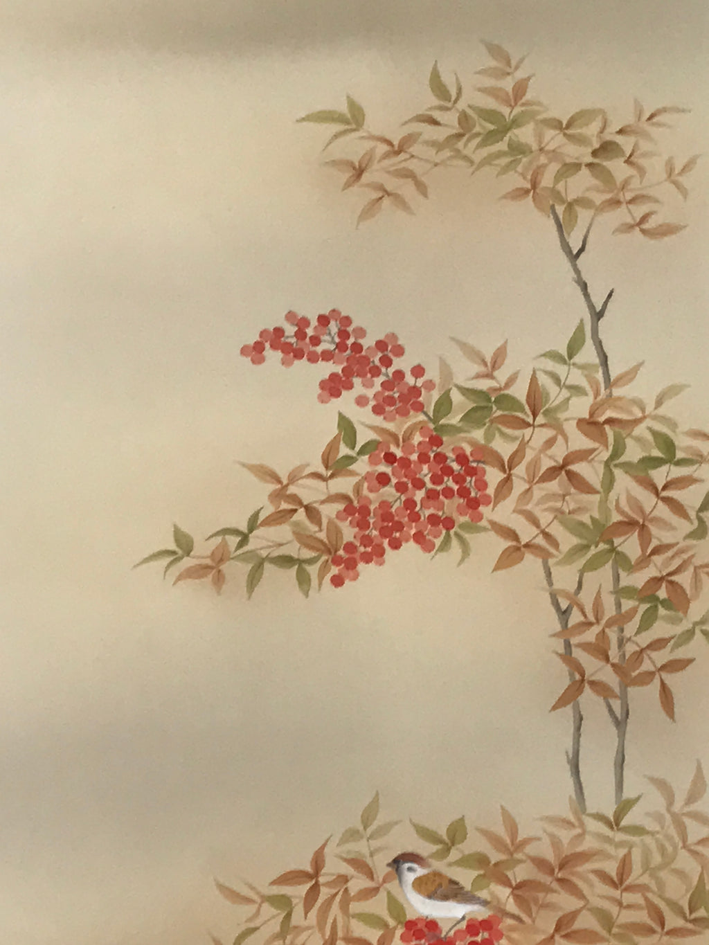 Japanese Hanging Scroll Kakejiku Vtg Nandina Plant Sparrow Birds Winter KJ210-AD - Scroll-chidorivintage.com