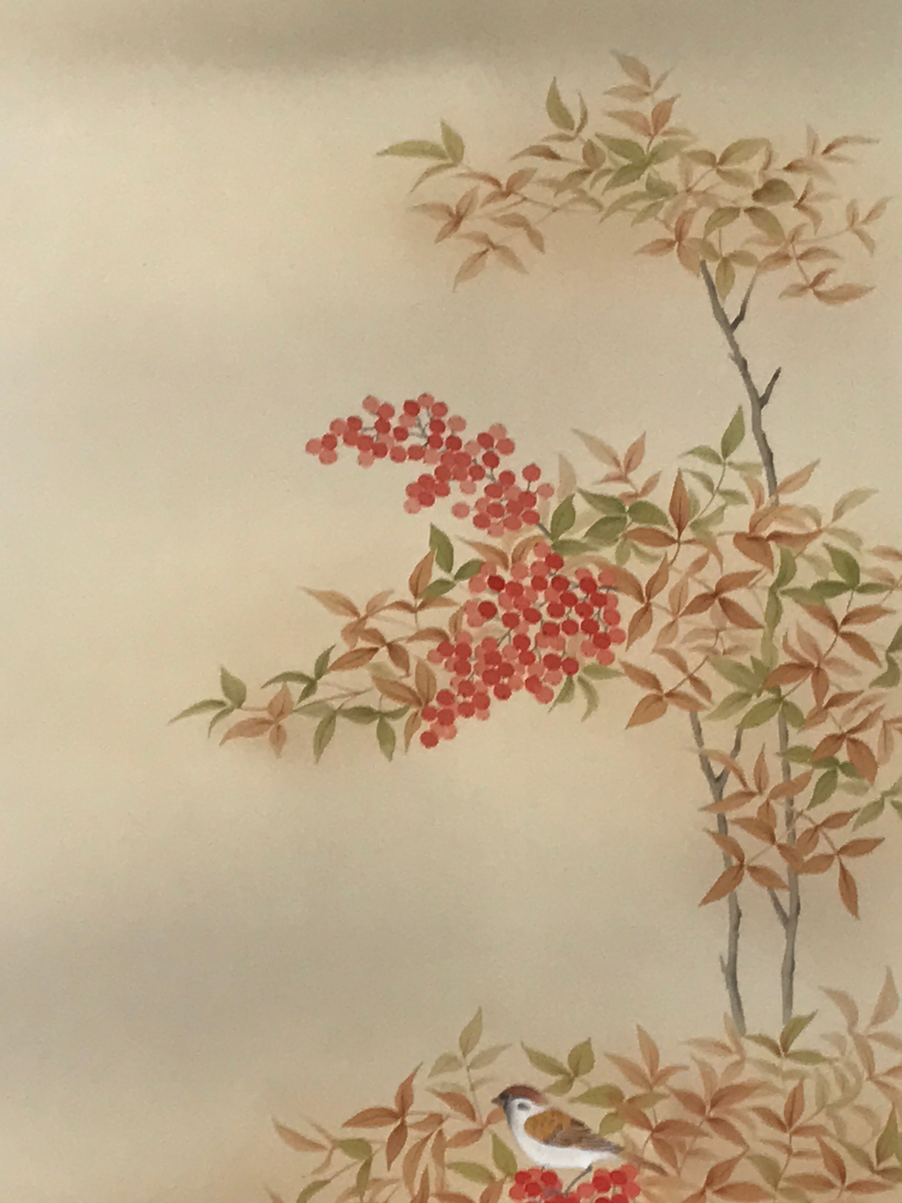 Japanese Hanging Scroll Kakejiku Vtg Nandina Plant Sparrow Birds Winter KJ210-AD - Scroll-chidorivintage.com