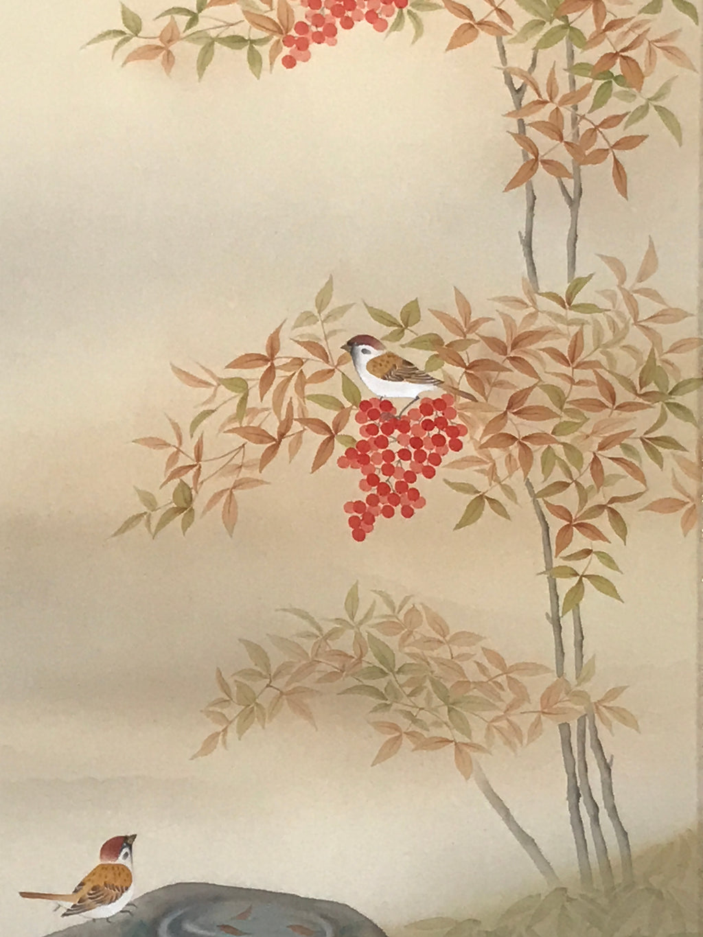 Japanese Hanging Scroll Kakejiku Vtg Nandina Plant Sparrow Birds Winter KJ210-AD - Scroll-chidorivintage.com