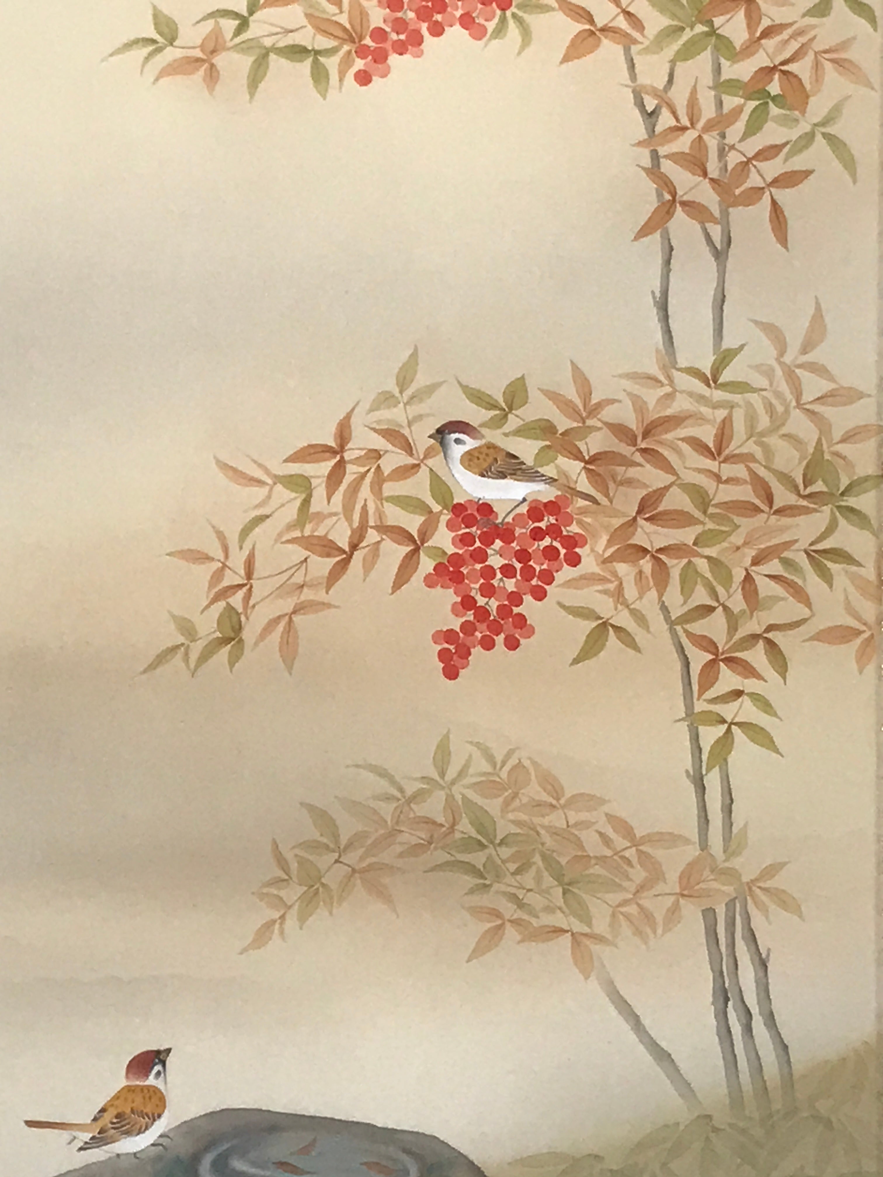 Japanese Hanging Scroll Kakejiku Vtg Nandina Plant Sparrow Birds Winter KJ210-AD - Scroll-chidorivintage.com