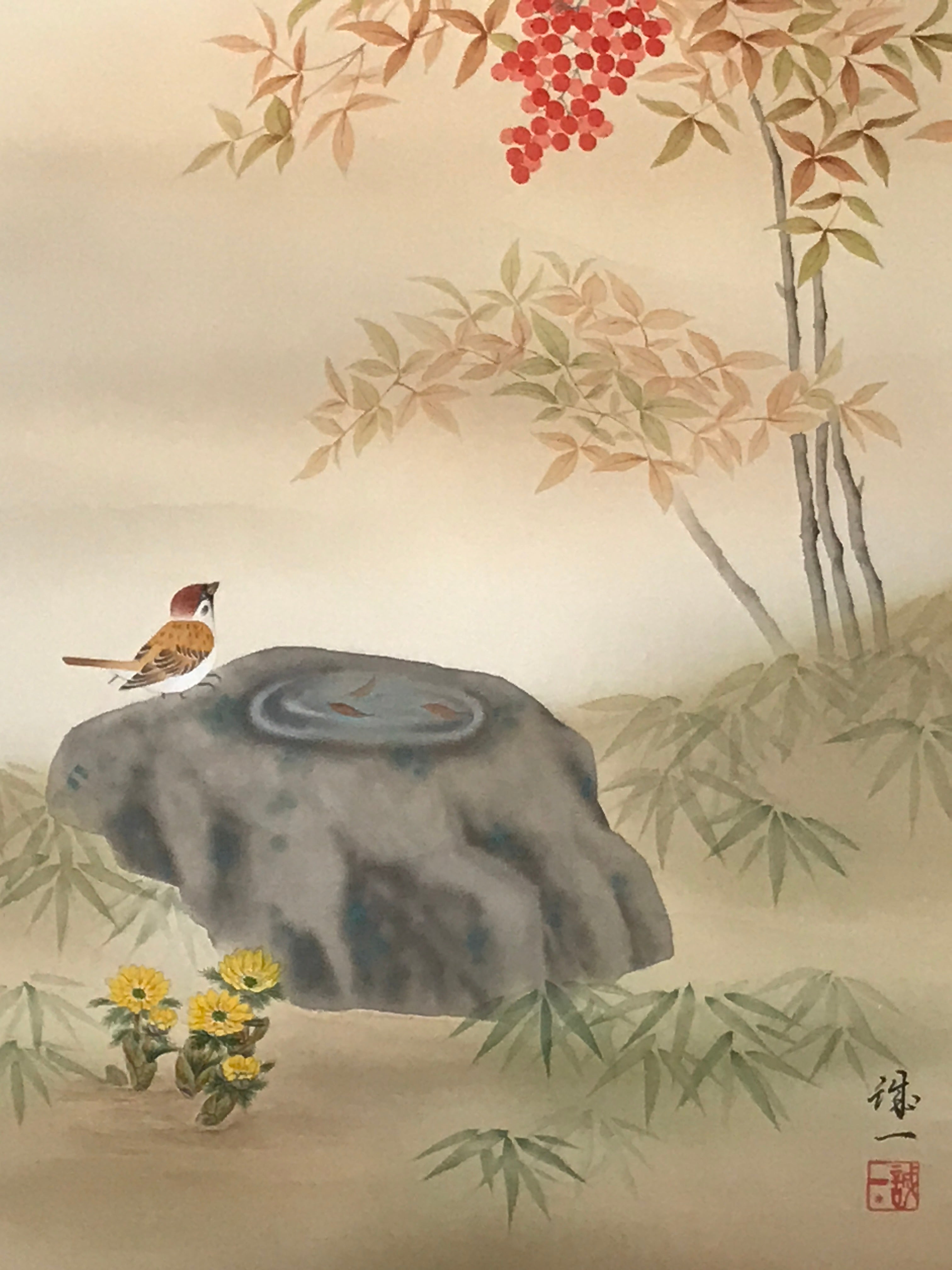 Japanese Hanging Scroll Kakejiku Vtg Nandina Plant Sparrow Birds Winter KJ210-AD - Scroll-chidorivintage.com