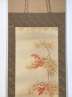 Japanese Hanging Scroll Kakejiku Vtg Nandina Plant Sparrow Birds Winter KJ210-AD - Scroll-chidorivintage.com