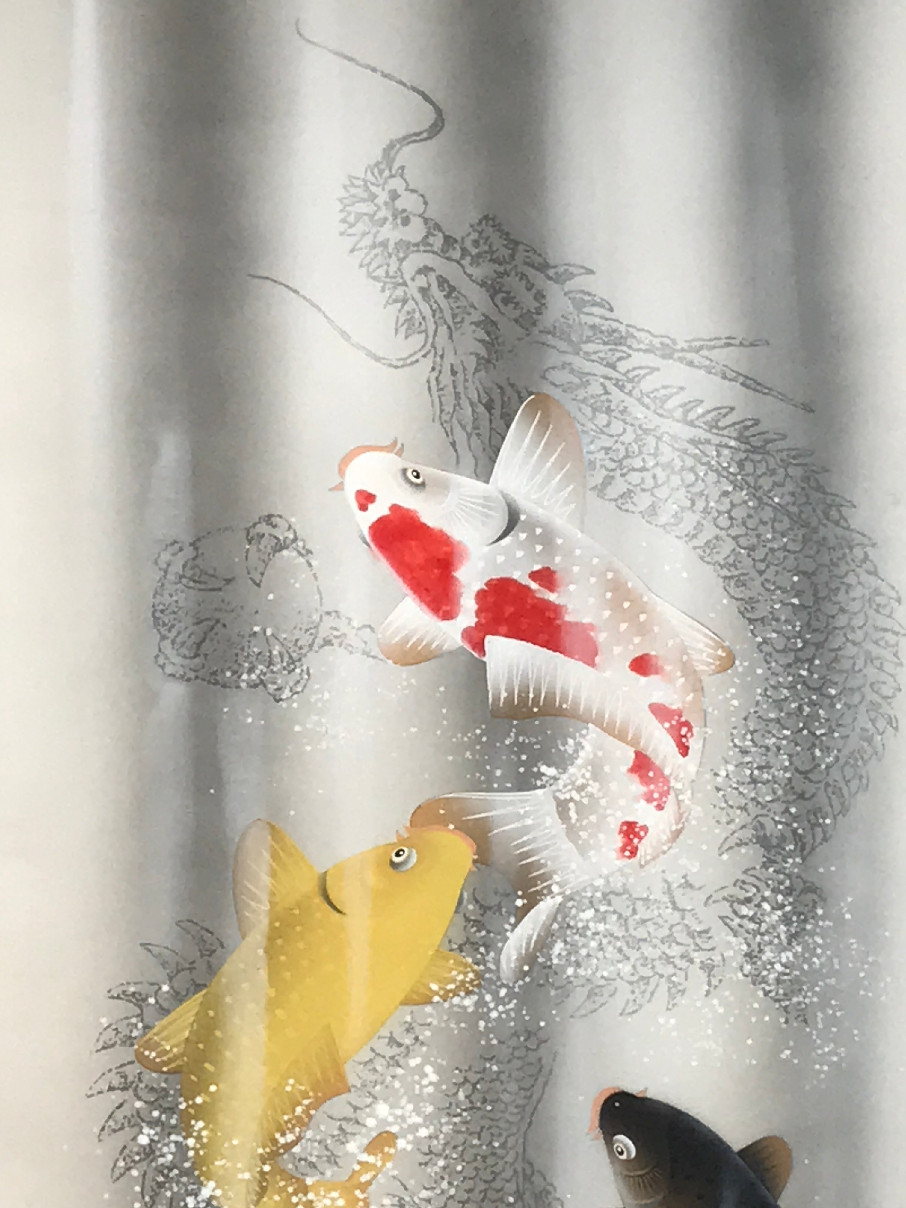 Japanese Hanging Scroll Kakejiku Vtg Swimming Carps Fish Black Red White KJ211-AD - Scroll-chidorivintage.com