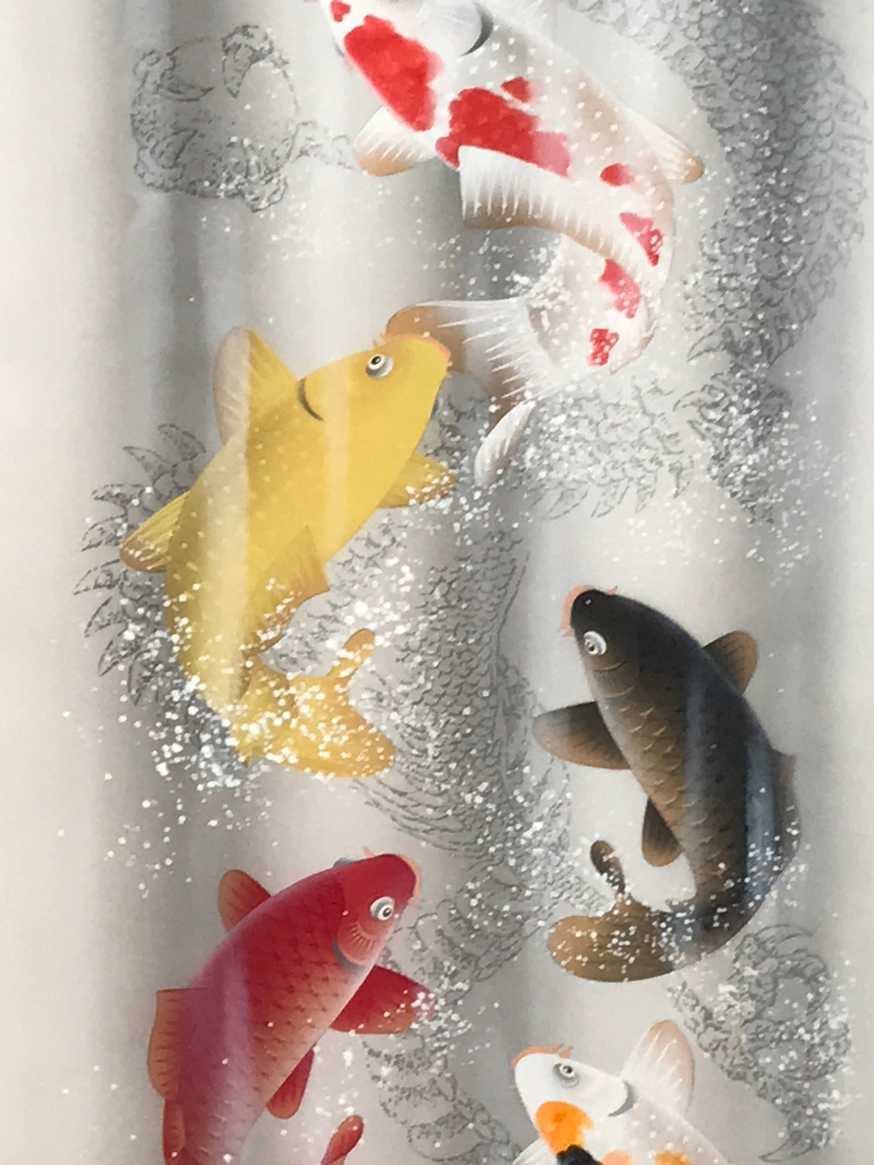 Japanese Hanging Scroll Kakejiku Vtg Swimming Carps Fish Black Red White KJ211-AD - Scroll-chidorivintage.com