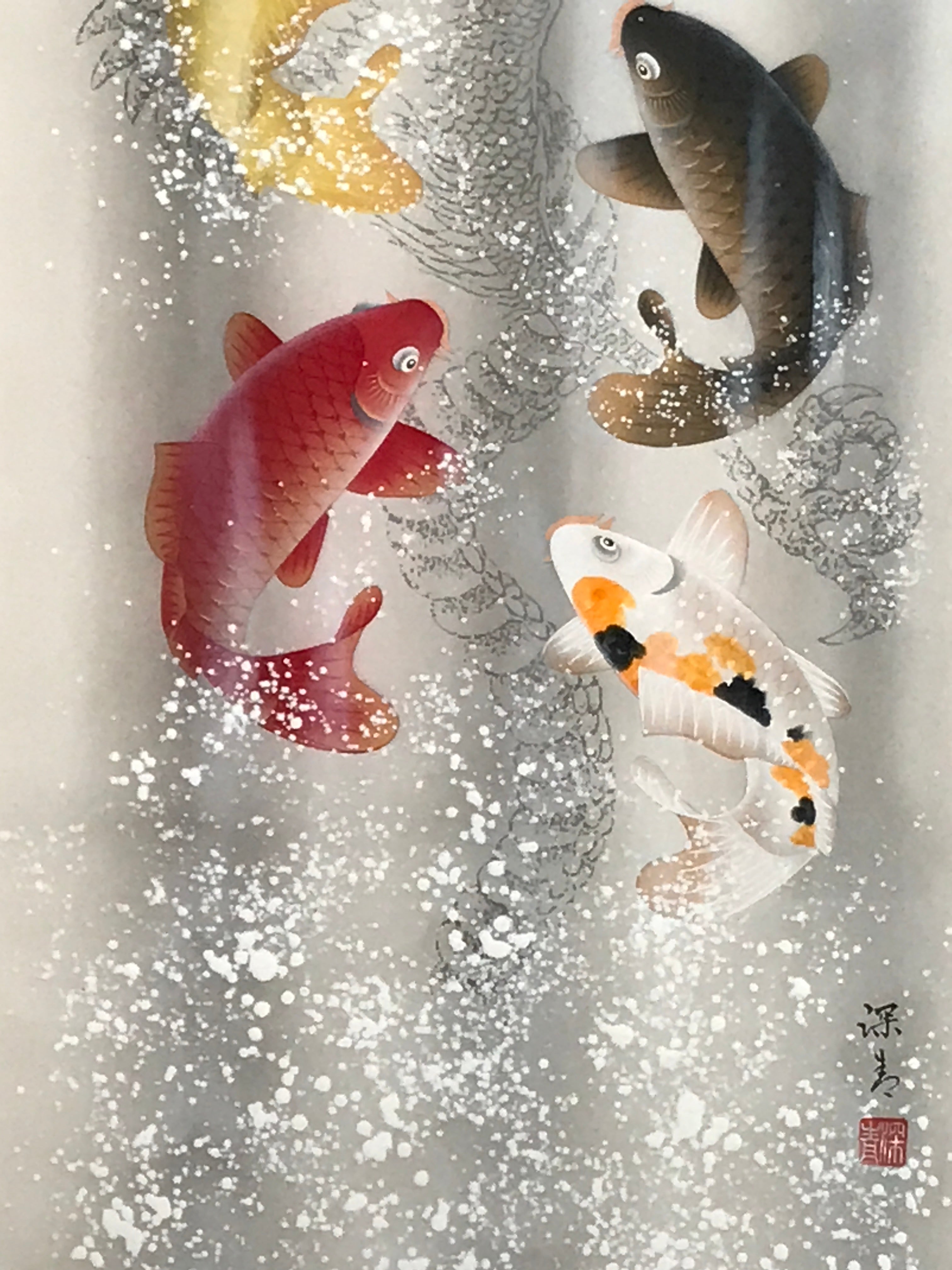 Japanese Hanging Scroll Kakejiku Vtg Swimming Carps Fish Black Red White KJ211-AD - Scroll-chidorivintage.com
