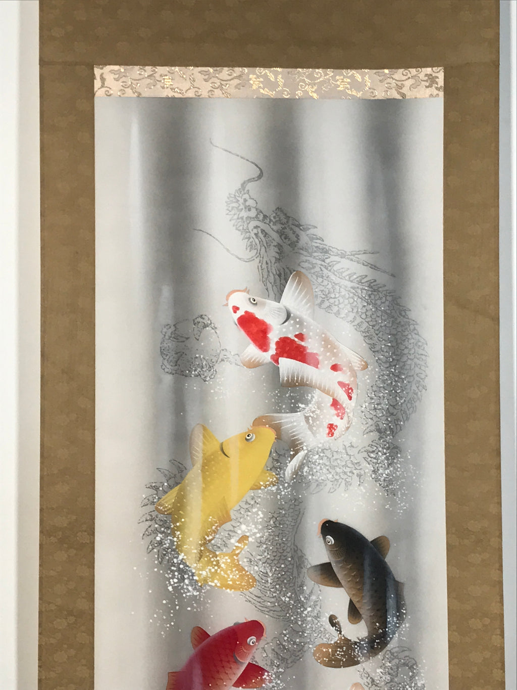 Japanese Hanging Scroll Kakejiku Vtg Swimming Carps Fish Black Red White KJ211-AD - Scroll-chidorivintage.com
