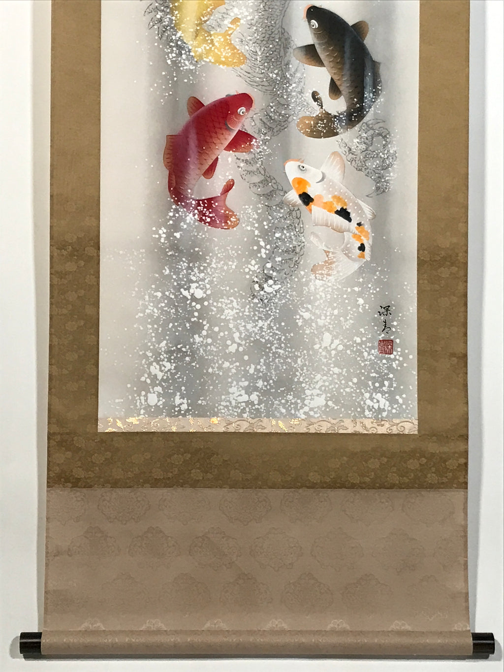 Japanese Hanging Scroll Kakejiku Vtg Swimming Carps Fish Black Red White KJ211-AD - Scroll-chidorivintage.com