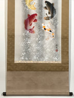 Japanese Hanging Scroll Kakejiku Vtg Swimming Carps Fish Black Red White KJ211-AD - Scroll-chidorivintage.com