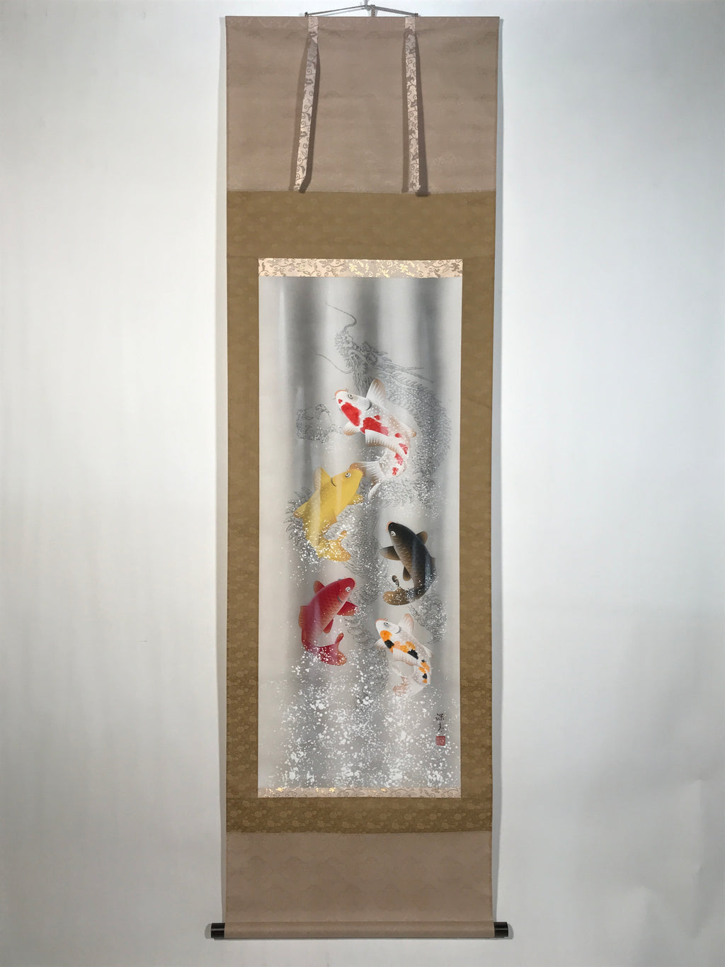 Japanese Hanging Scroll Kakejiku Vtg Swimming Carps Fish Black Red White KJ211-AD - Scroll-chidorivintage.com
