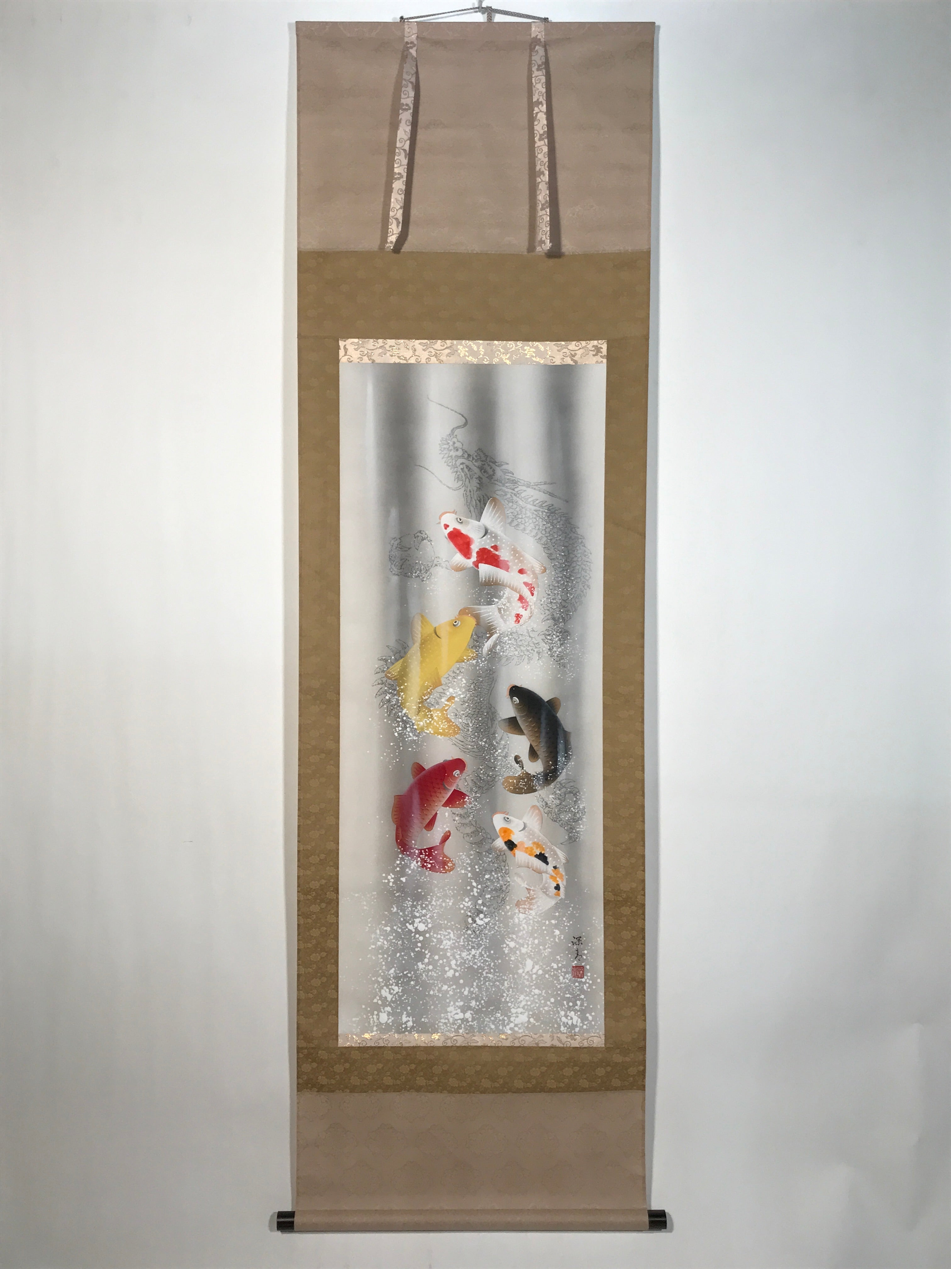 Japanese Hanging Scroll Kakejiku Vtg Swimming Carps Fish Black Red White KJ211-AD - Scroll-chidorivintage.com