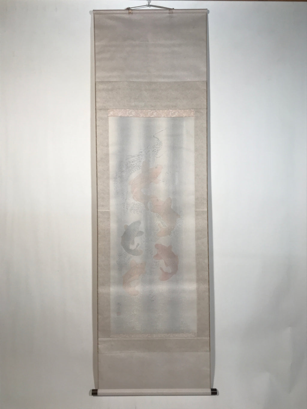 Japanese Hanging Scroll Kakejiku Vtg Swimming Carps Fish Black Red White KJ211-AD - Scroll-chidorivintage.com