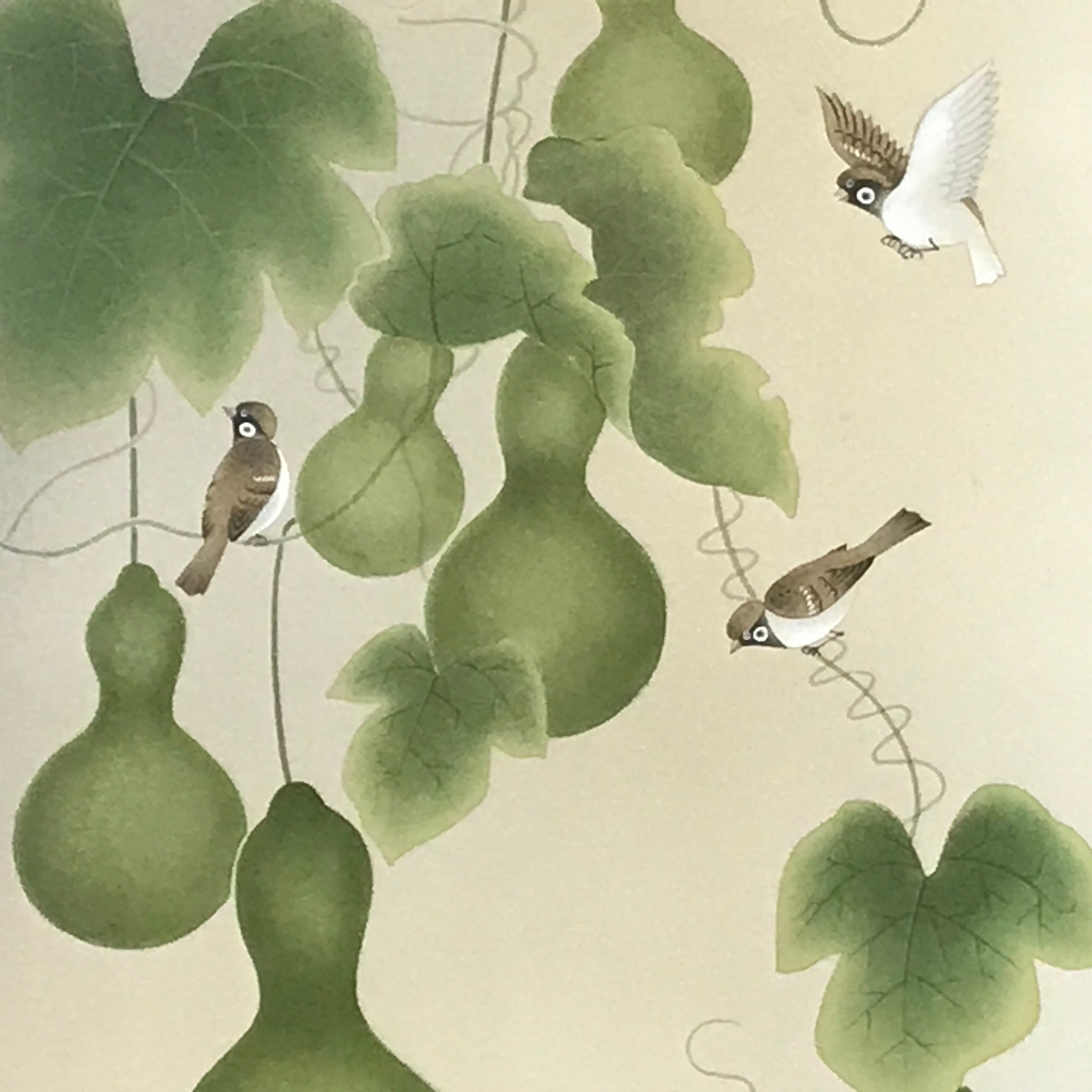 Japanese Hanging Scroll Kakejiku Vtg Sparrow Birds Hyotan Gourds Summer KJ212-AD - Scroll-chidorivintage.com